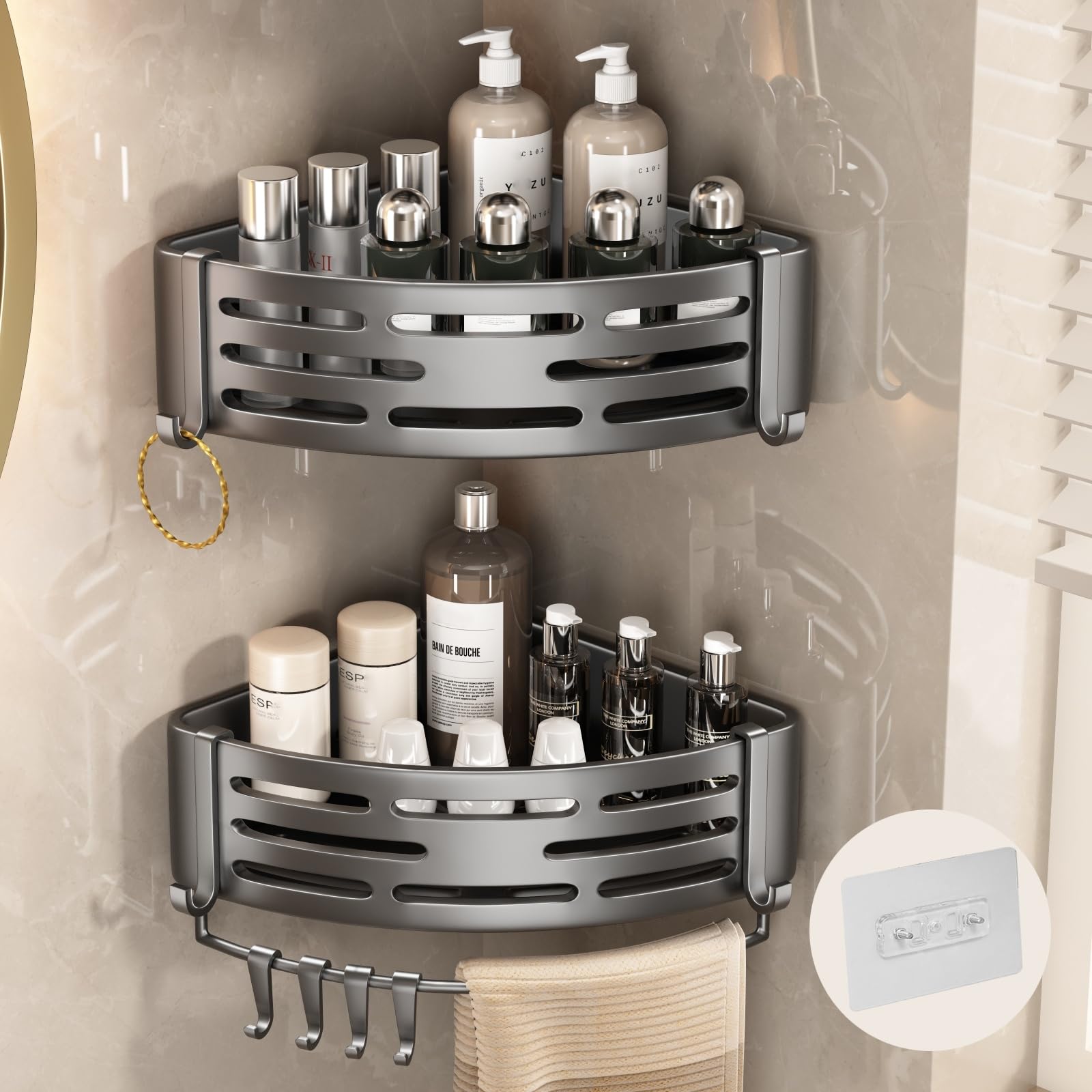 VOLPONE Corner Shower Caddy Adhesive Shower Shelf Corner No Drilling Bathroom Shower Organizer Storage Rack Rust-proof with Towe
