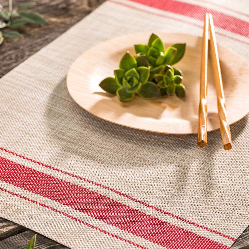 Restaurantware French Countryside 16 X 12 Inch Dining Table Placemats Set Of 6 Heat-Tolerant Kitchen Table Mats - Red Stripe No