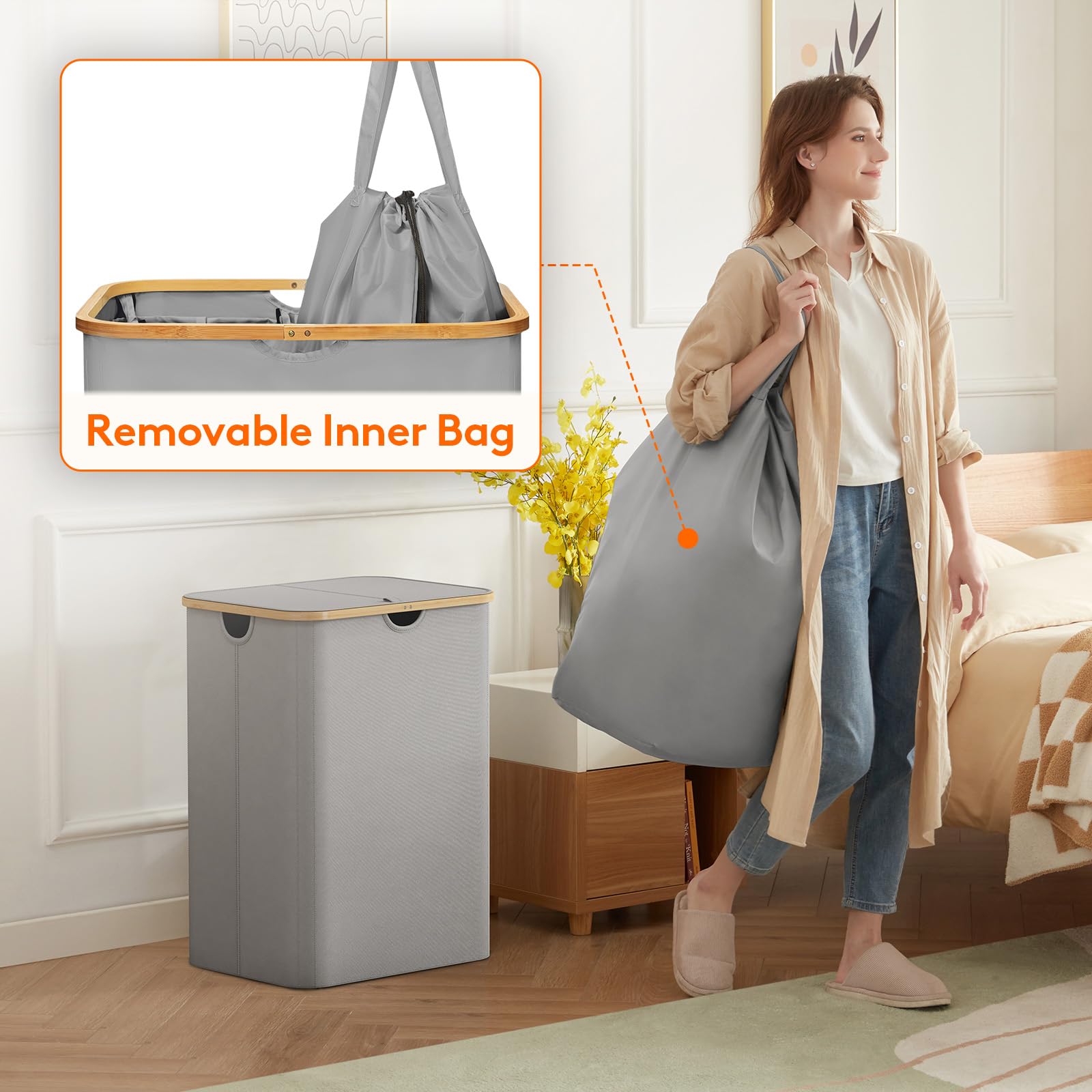 Lifewit 150L Laundry Basket With Lid, Clothes Hampers For Laundry With Bamboo Handles And 2 Removable Laundry Bags, Large Foldab