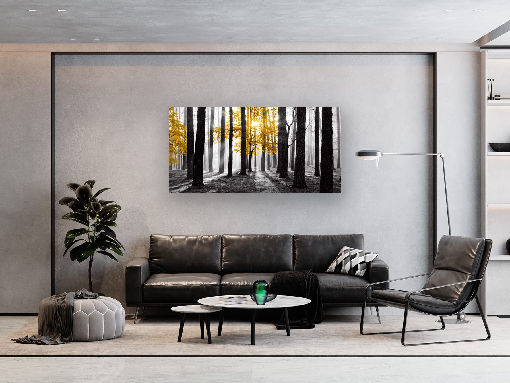 Cao Gen Decor Art S06350 Wall Art Canvas Painting Yellow Tree in Black and White Sunshine Foggy Forest Picture Poster Print Framed Ready to Hang for Living Room Bedroom Office Home Decor