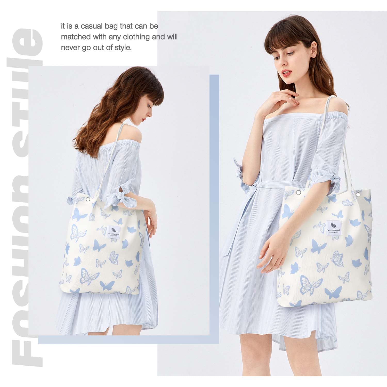 Lhmtqvk Corduroy Tote Bags For Women, Large Capacity Corduroy Bag Reusable Grocery Shoulder Bag With Inner Pockets(Blue Butterfl