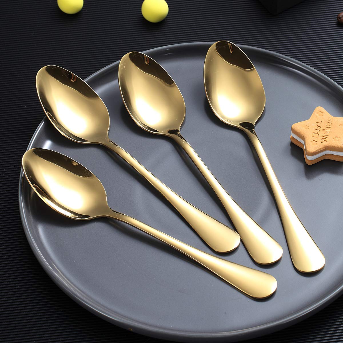 Gold Dinner Spoon Of 4, Berglander 7.5'' Stainless Steel Titanium Plating Shiny Gold Soup Spoons Silverware, Golden Soup Spoon T