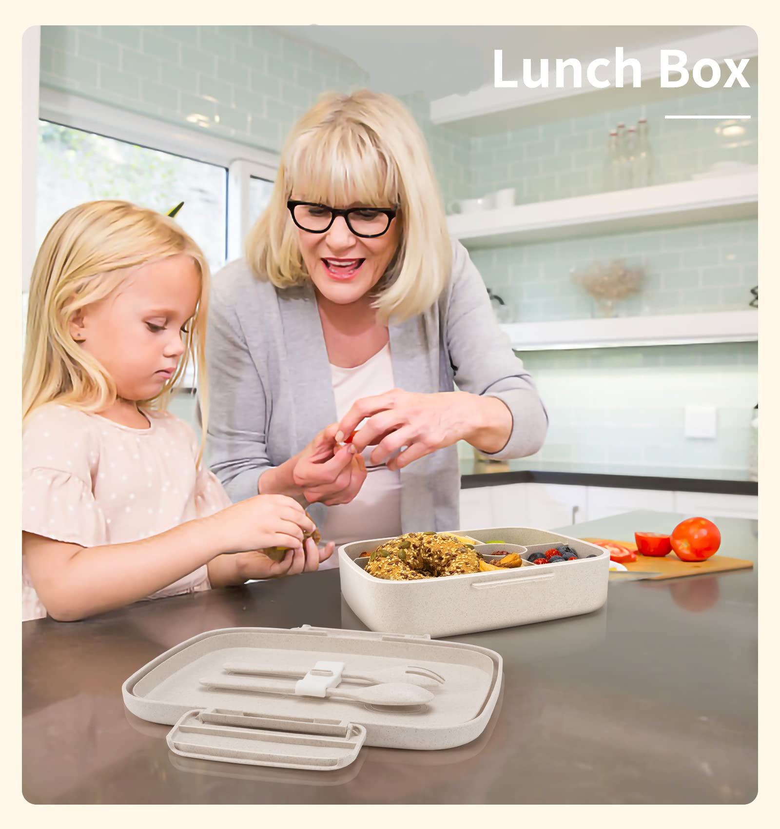 Andmoon Bento Lunch Box With Kids/Adults, 5 Compartments Leakproof Lunch Container With Dressing Cup, Eco-Friendly Double Insula