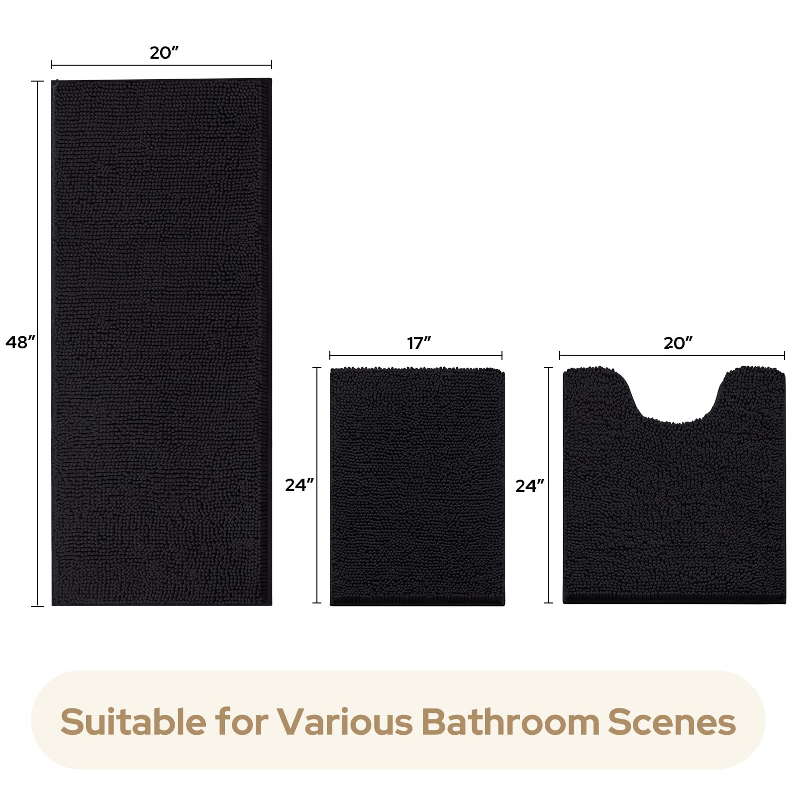 Homeideas 3 Pieces Bathroom Rugs, Extra Large Ultra Soft Non Slip Absorbent Chenille Toilet Bath Mat Set (Black)