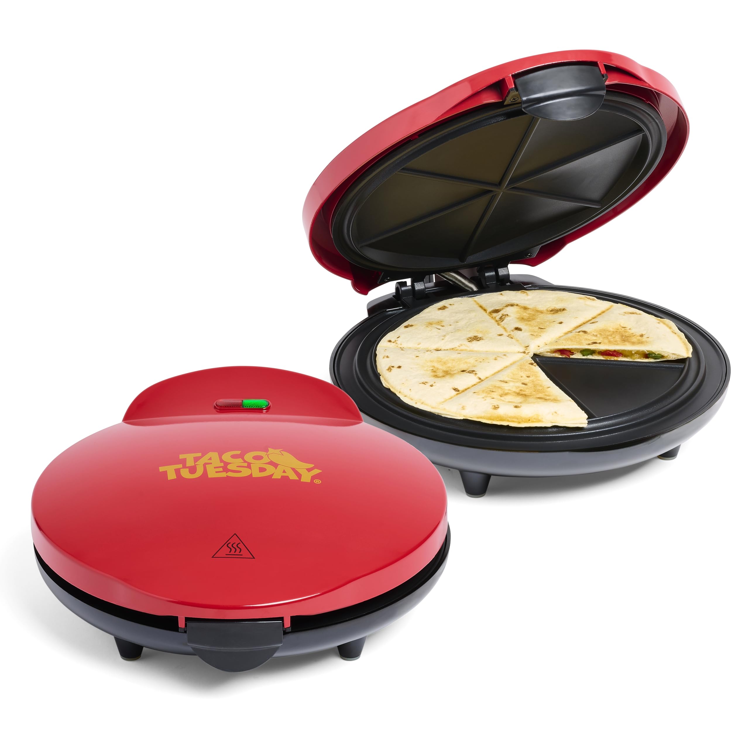 Taco Tuesday Deluxe 10-Inch 6-Wedge Electric Quesadilla Maker With Extra Stuffing Latch, Red