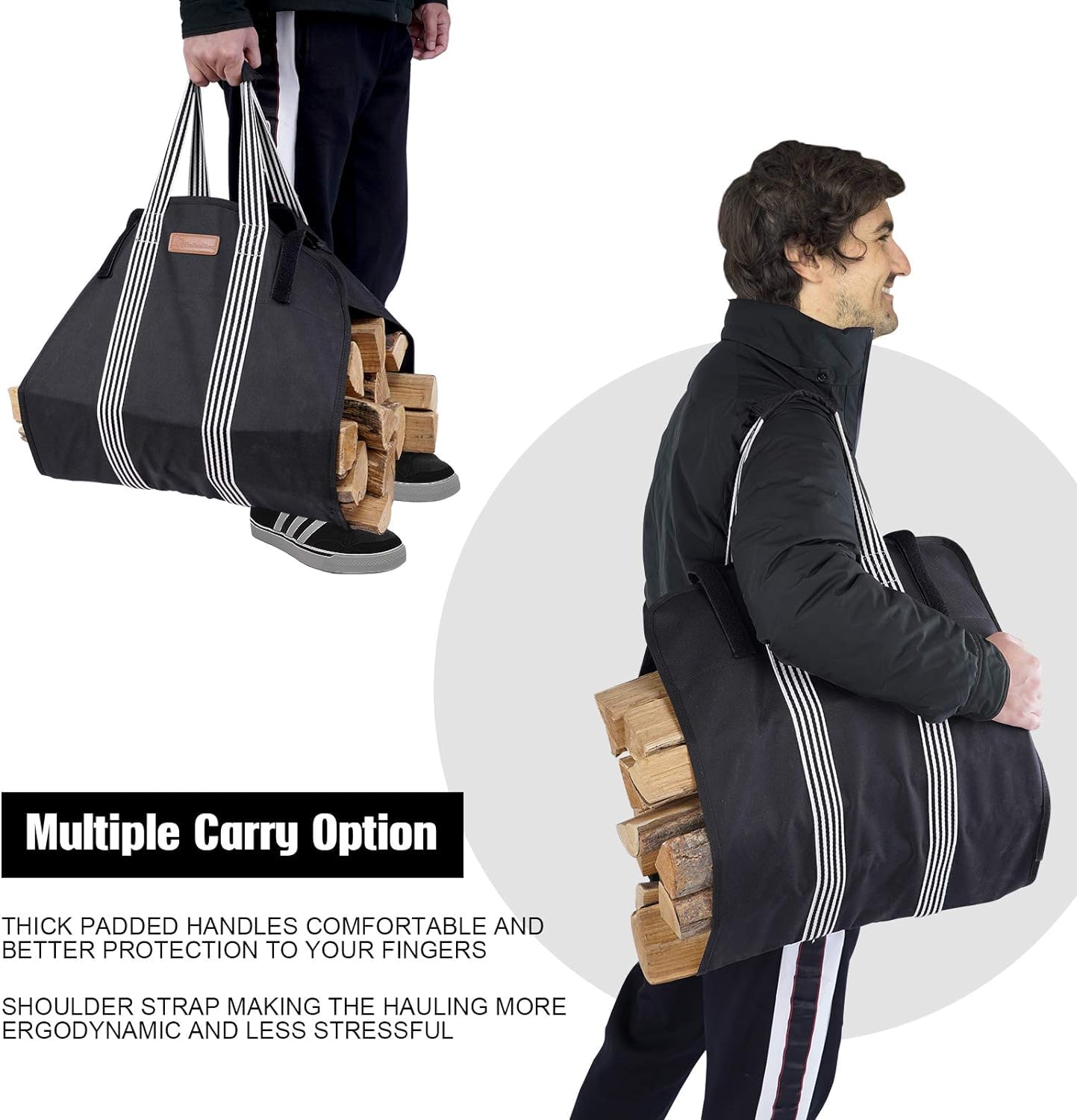 Myfireplacedirect Indoor Heavy Firewood Log Carrier Tote, Oxford Canvas Fabric Foldable Wood Carrier Padded Handles, Outdoor Lar