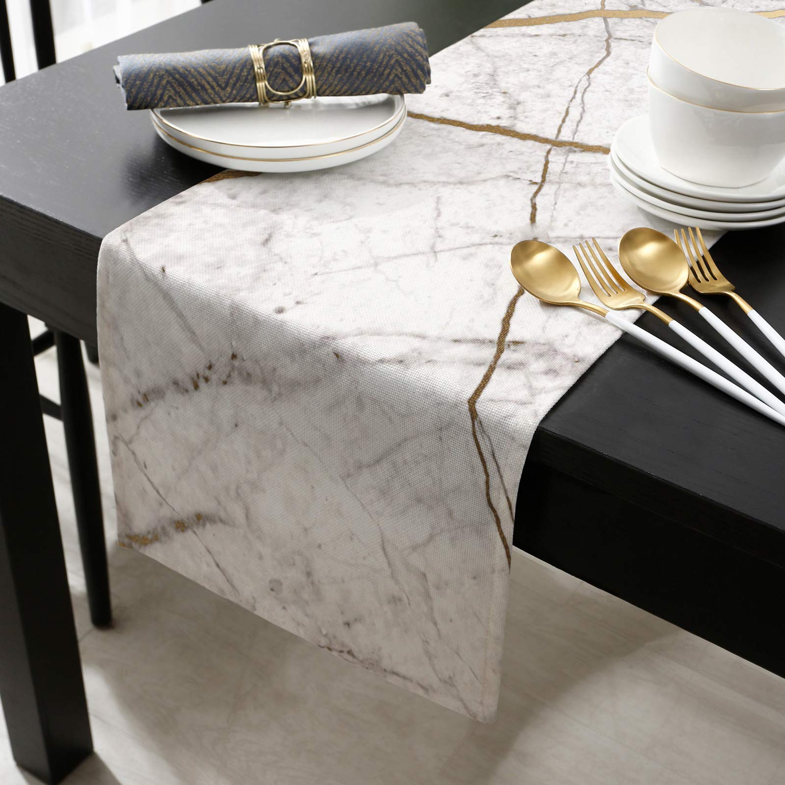 Marble Table Runner-Cotton Linen-Long 108 Inche White Gray Gold Dresser Scarves,Texture Tablerunner For Kitchen Coffee/Dining/So