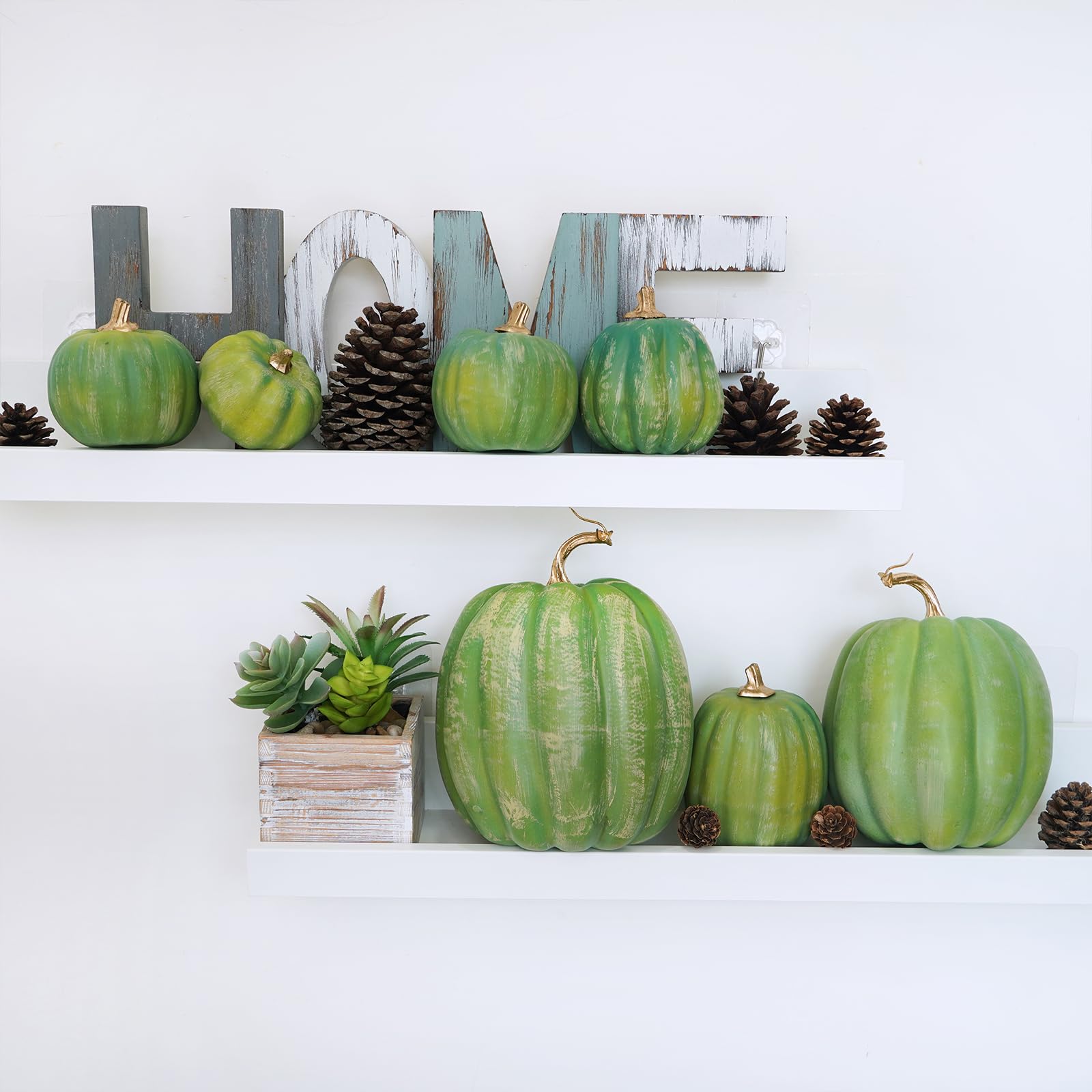 Winlyn 7 Pcs Assorted Green Artificial Pumpkins Harvest Pumpkins Deep Green Decorative Foam Pumpkins for Farmhouse Fall Wedding