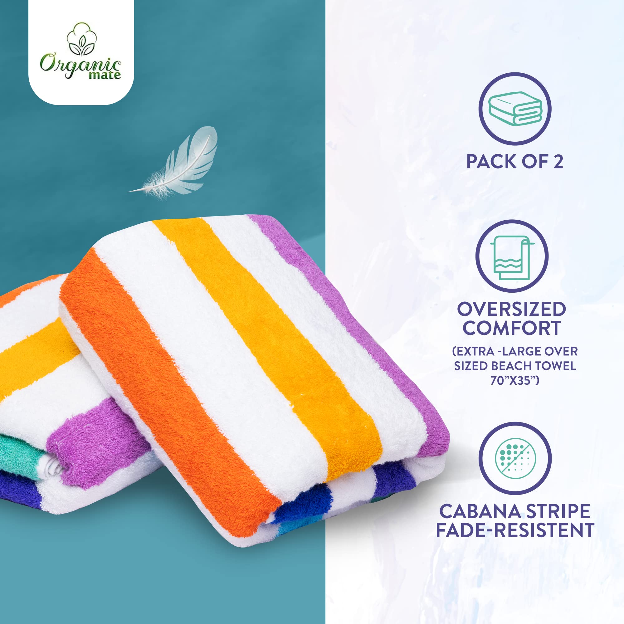 Organic Mate Large Beach Towels Set Of 2-35X70 Soft & Absorbent Oversized Sheet Made Of 100% Cotton - For Swimming Pool, Home, B