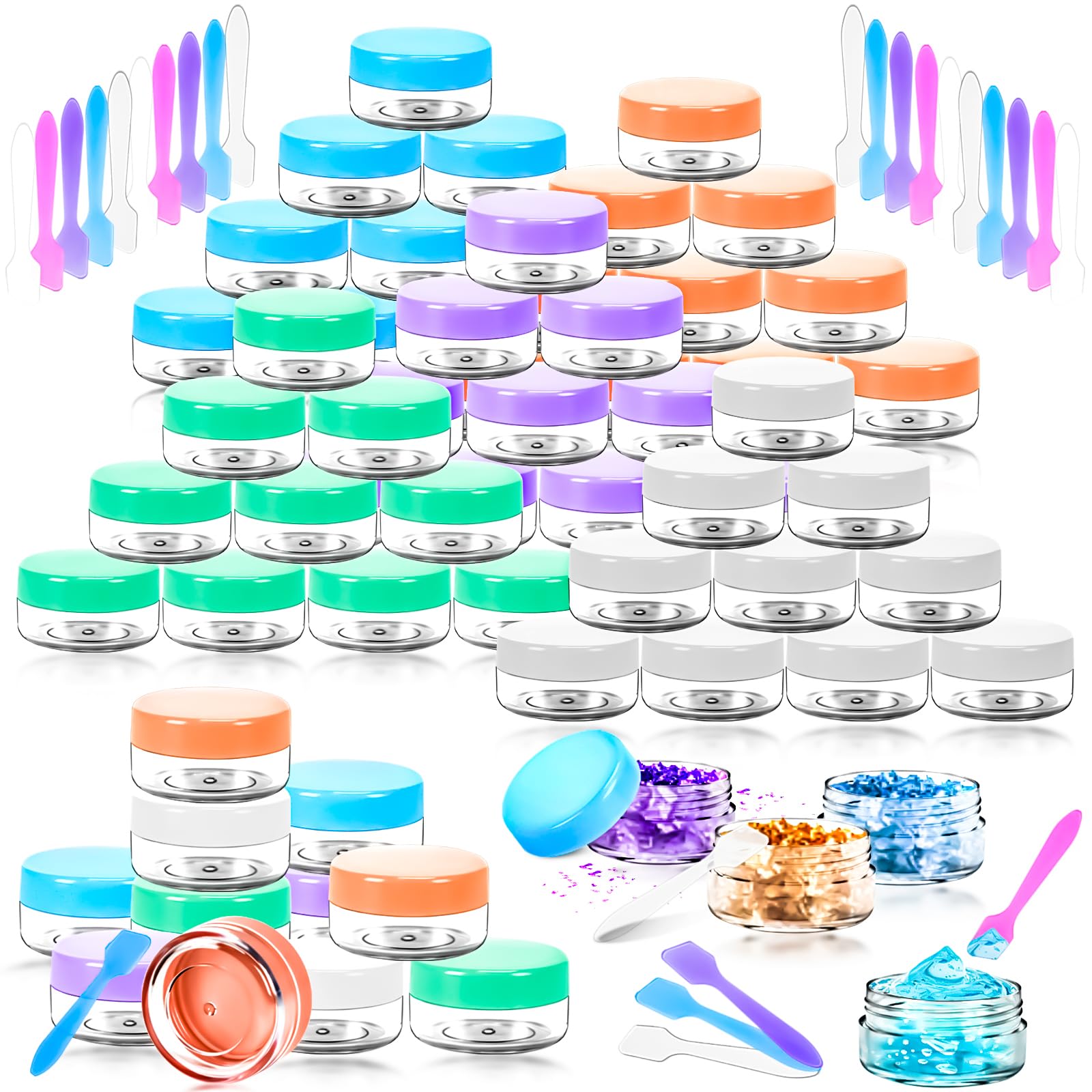 Motbach 50Pcs 10G Empty Sample Containers With Colored Lids,Refillable Makeup Sample Containers, Small Sample Pot Jars Travel Ma