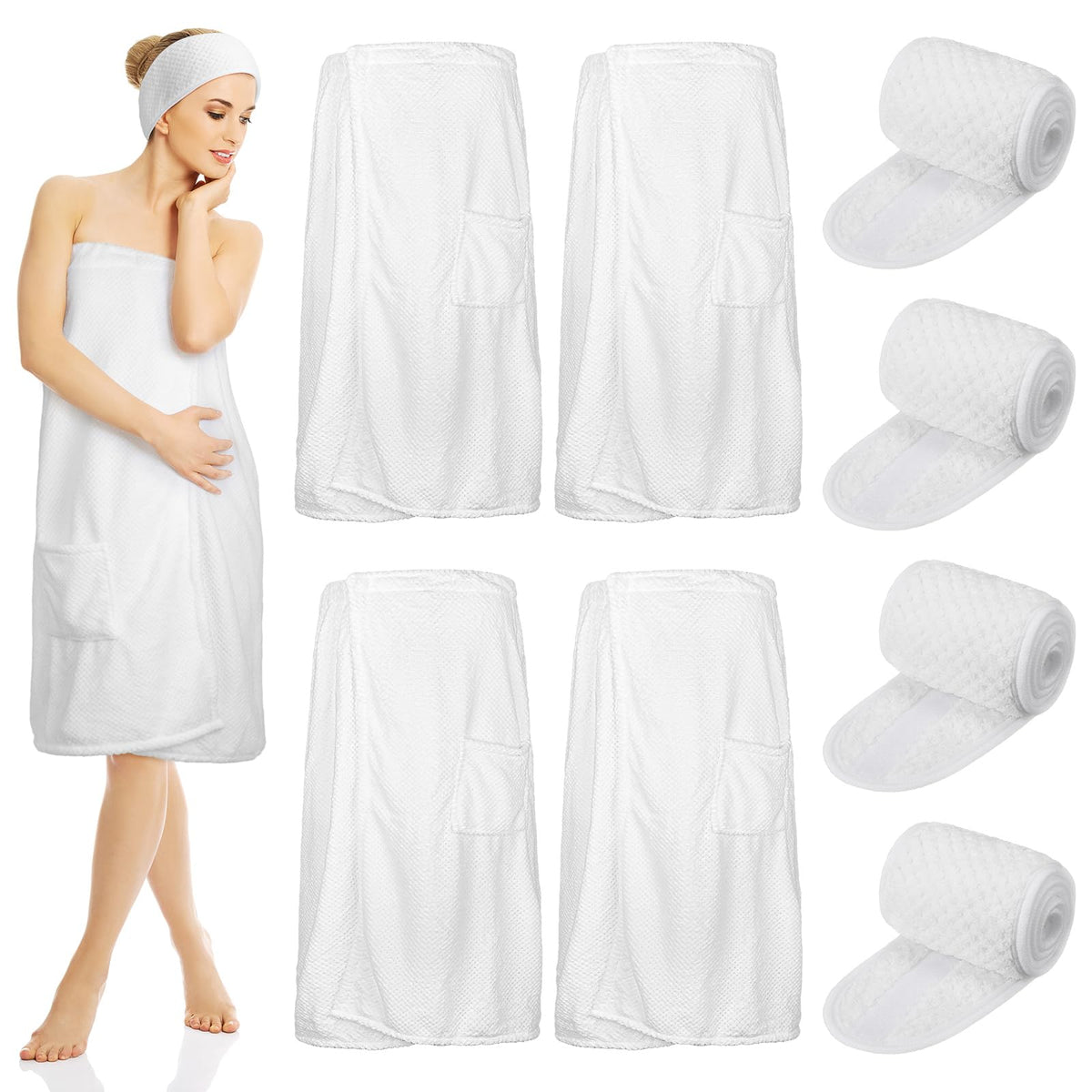 Kinlop 4 Sets Towel Wrap Bath Wrap Towel for Women with Pocket with Facial Spa Headband Set Waffle Spa Robe with Adjustable Clos