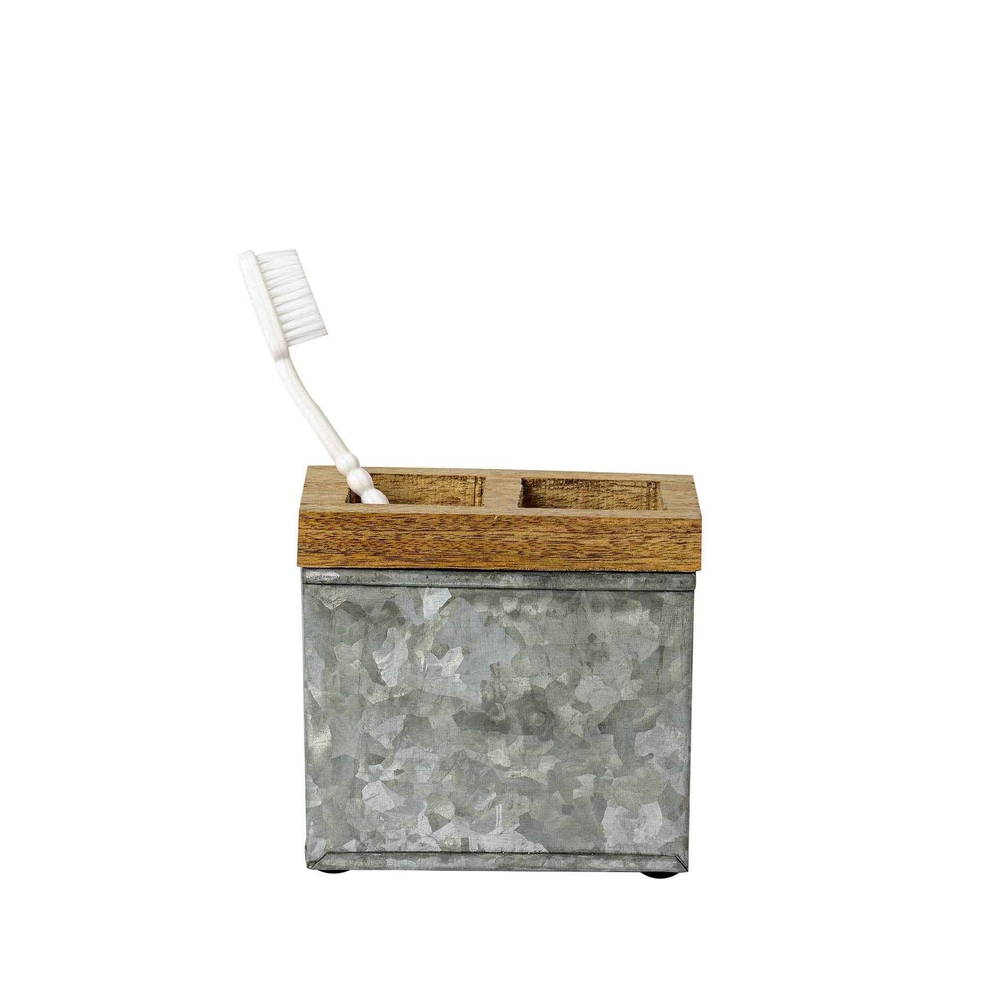 Nu Steel Confetti Bathroom Toothbrush Holder & Makeup Organizer In Galvanized Steel And Wood For Bathrooms & Vanity Spaces