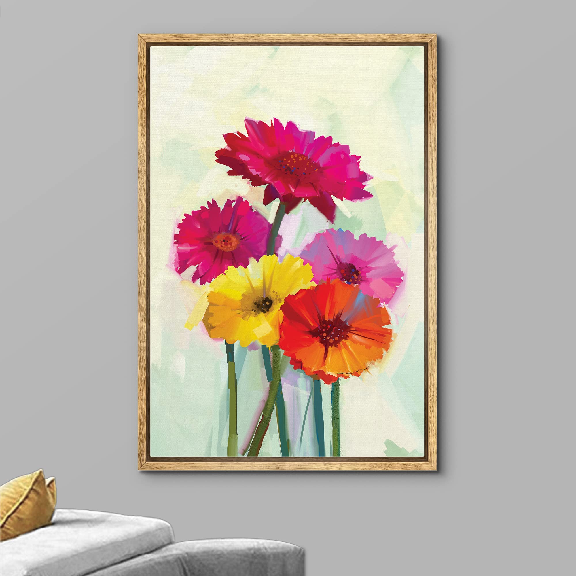 Wall26 Framed Canvas Print Wall Art Watercolor Effect Pink, Yellow & Orange Daisies Floral Botanical Illustrations Modern Art Ru