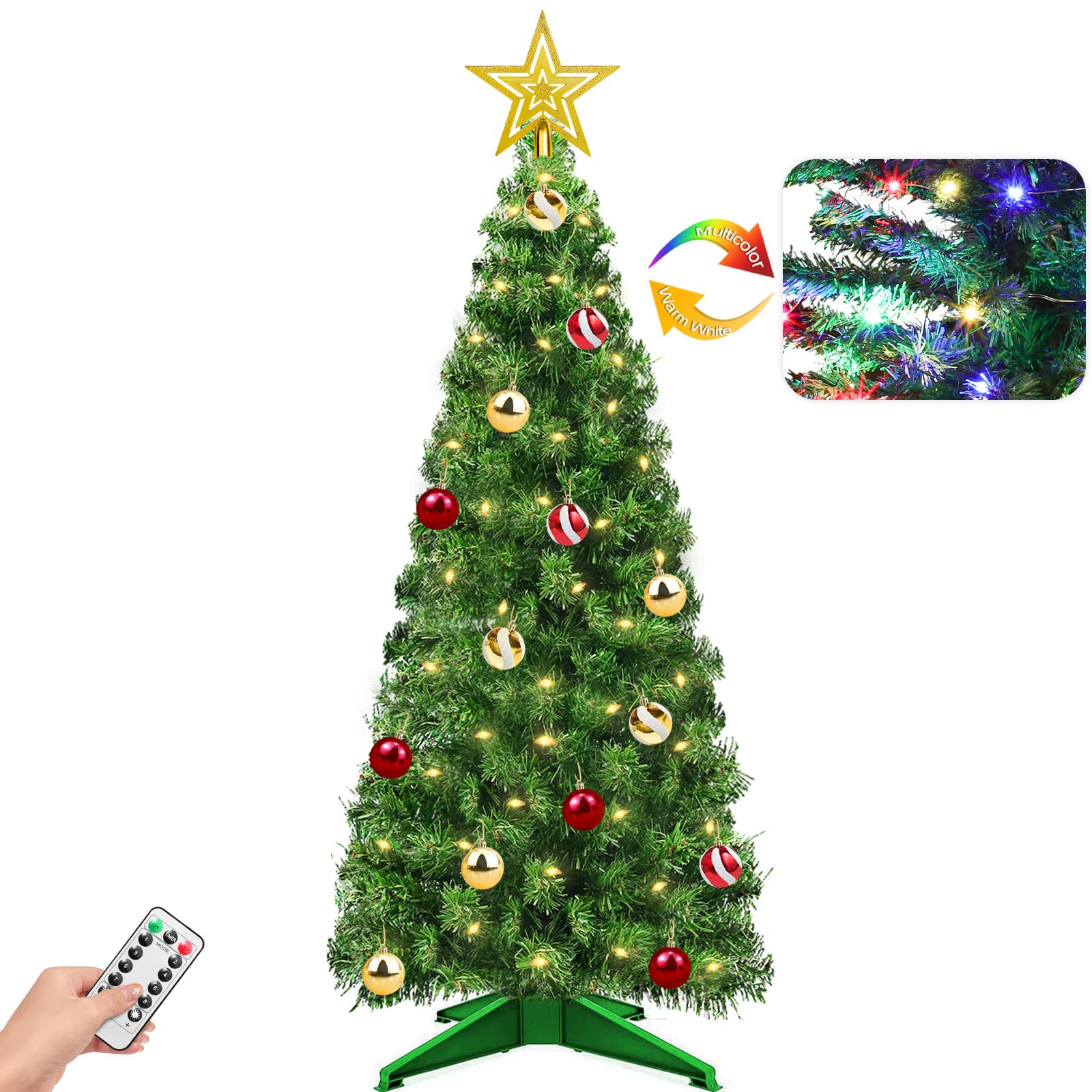 4 Ft Christmas Tree Remote Control 8 Modes Dual Color Change Timer 100 Warm White&Colored Lights 18 Christmas Ball Ornaments 3D 