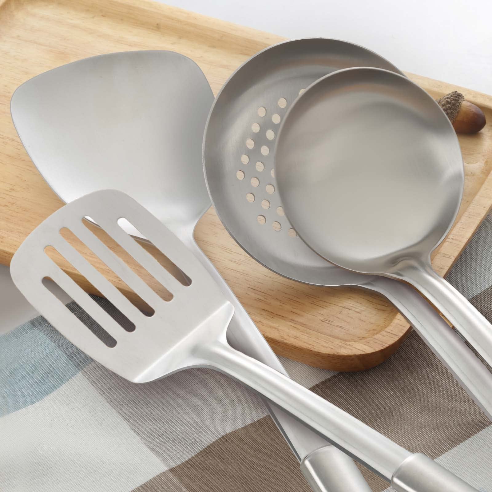 Pleafind 4-Pcs Cooking Utensils Set, Stainless Steel Kitchen Utensils, Wok Utensils Set Include Wok Ladle, Slotted Spoon, Wok Sp