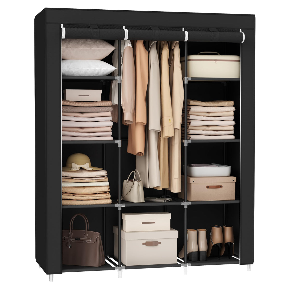 Songmics Portable Closet, Clothes Storage Organizer With 10 Shelves, 1 Clothes Hanging Rail, Non-Woven Fabric Closet, Metal Fram