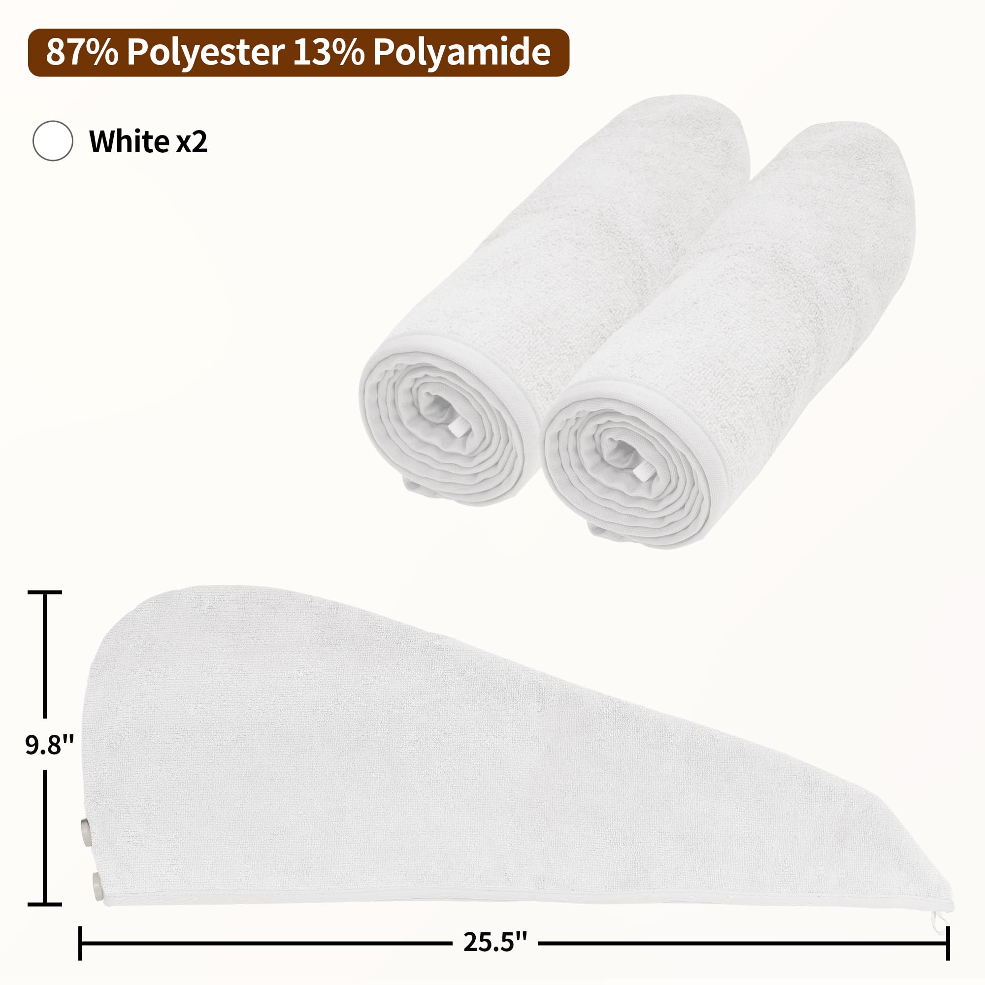 NEXCOVER Microfiber Hair Towel, 2 Pack (White Color) 9.8 inch X 25.5 inch Hair Turbans,Ultra Absorbent,Fast Drying Hair Towel Wr
