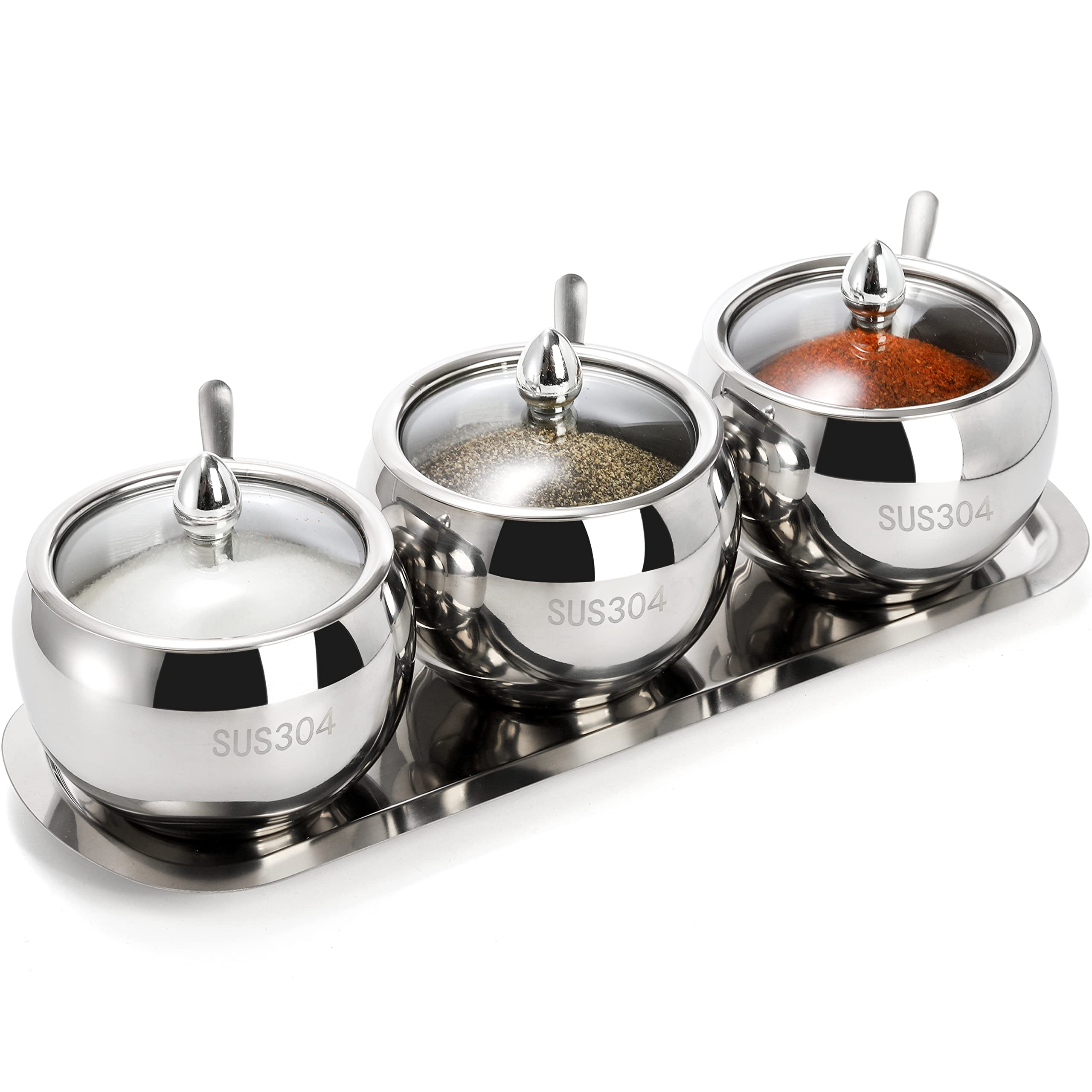 Hedume 3 Grids 304 Stainless Steel Seasoning Containers Set With Lid Spoon And Tray, Condiment Jar Spice Container, Condiment Ca
