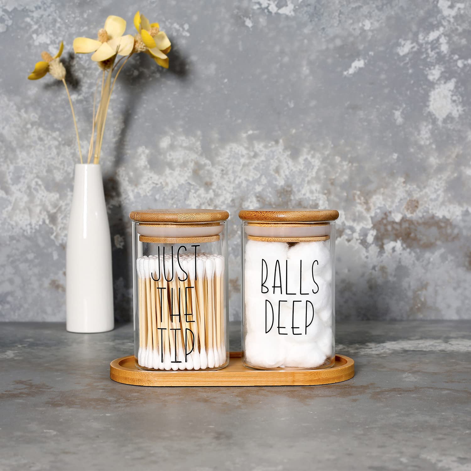 MOMEEMO Funny Qtip Holder and Cotton Ball Holder Set for Bathroom Organization. Apothecary Jars with Bamboo Tray are Great for Farmhouse Bathroom Decor  Rustic Bathroom Decor. (Glass&Tray)