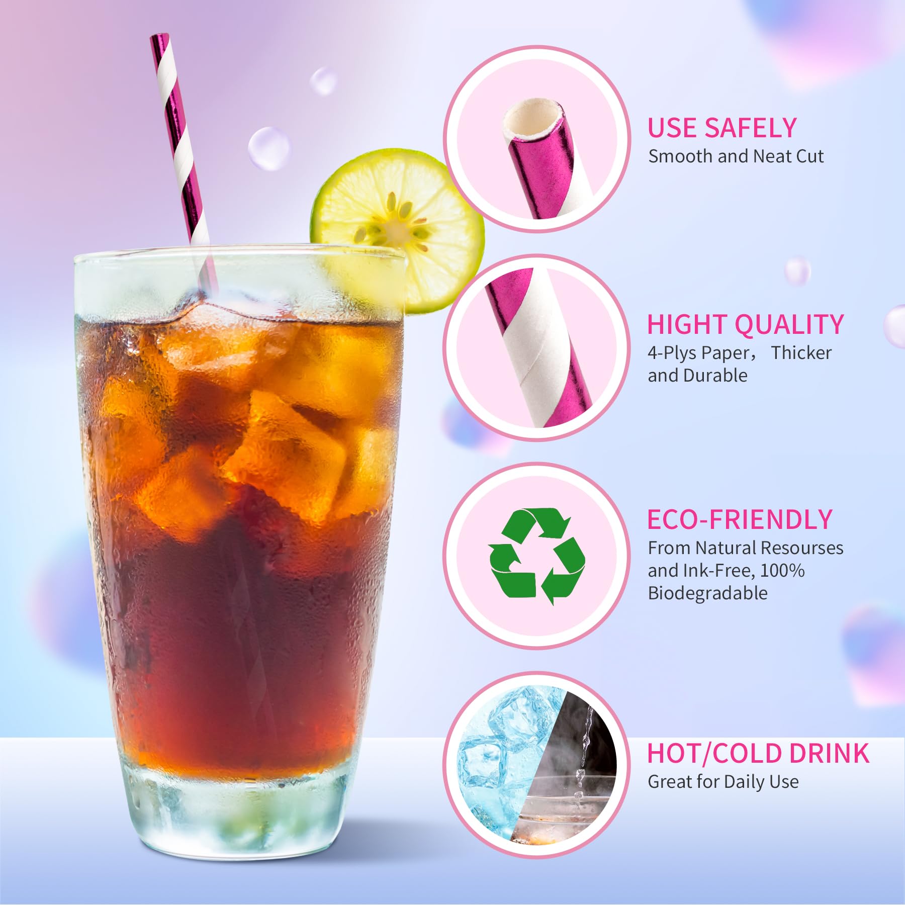 Paktalk Striped Paper Straws, 100Pack Metallic Rose Gold Striped Disposable Straws For Drinking Biodegradable Paper Straws For V