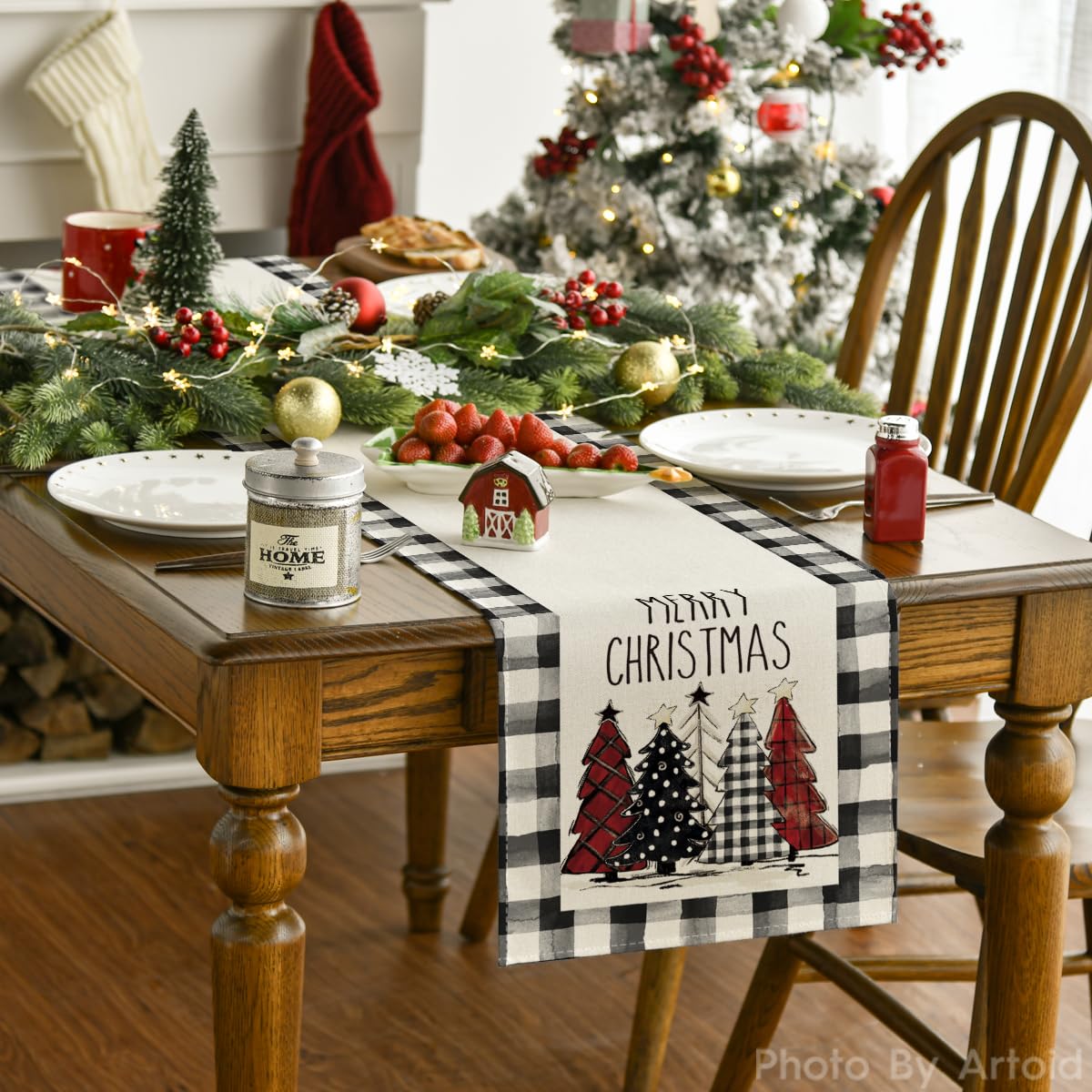 Artoid Mode Buffalo Plaid Xmas Trees 2Pcs Merry Christmas Table Runner, Seasonal Winter Holiday Kitchen Dining Table Decoration
