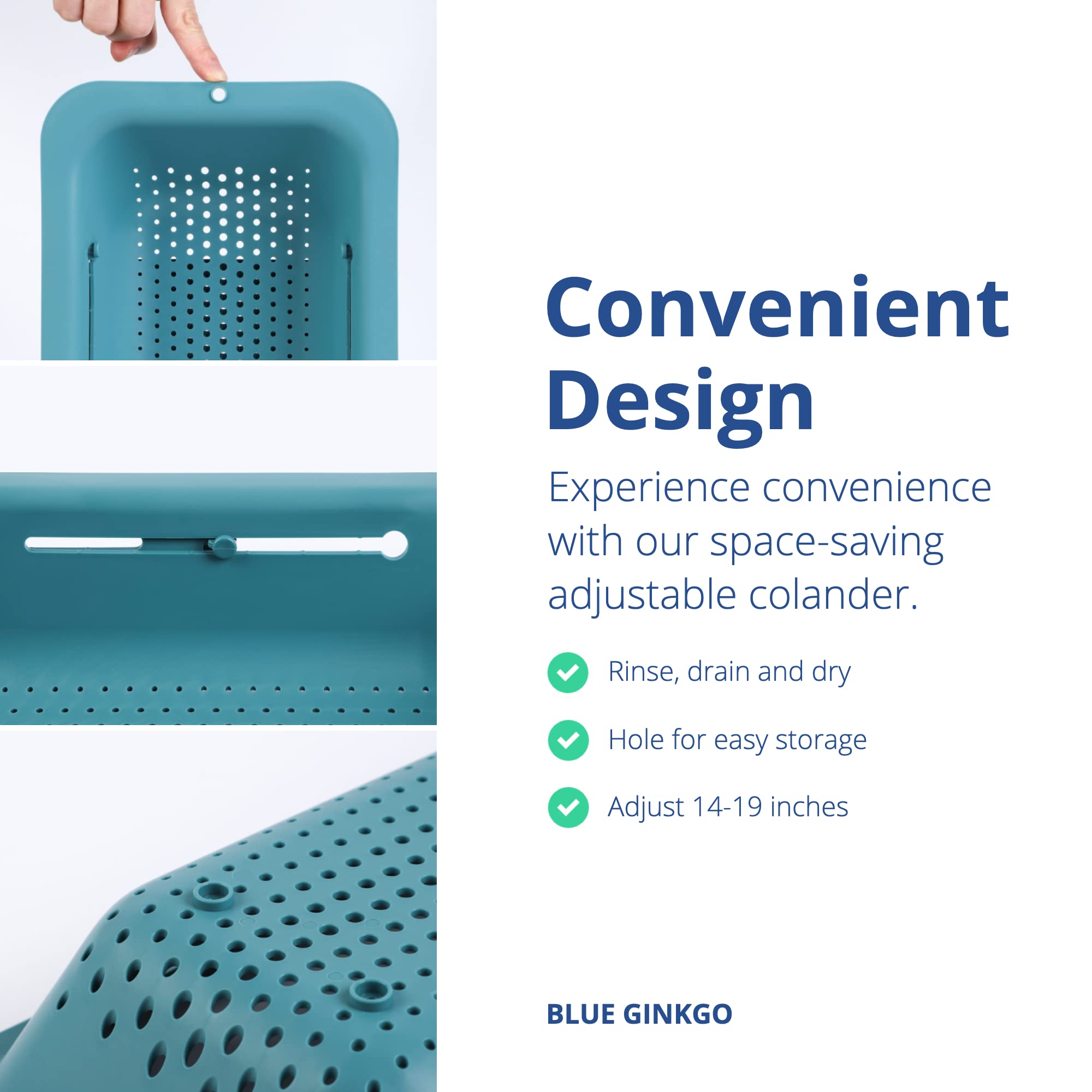 BLUE GINKGO Sink Colander Baskets - (Pack of 2) Wash Vegetables and Fruits  Drain Cooked Pasta and Dry Dishes - Extendable - New Home Kitchen Essentials (2 Teal)