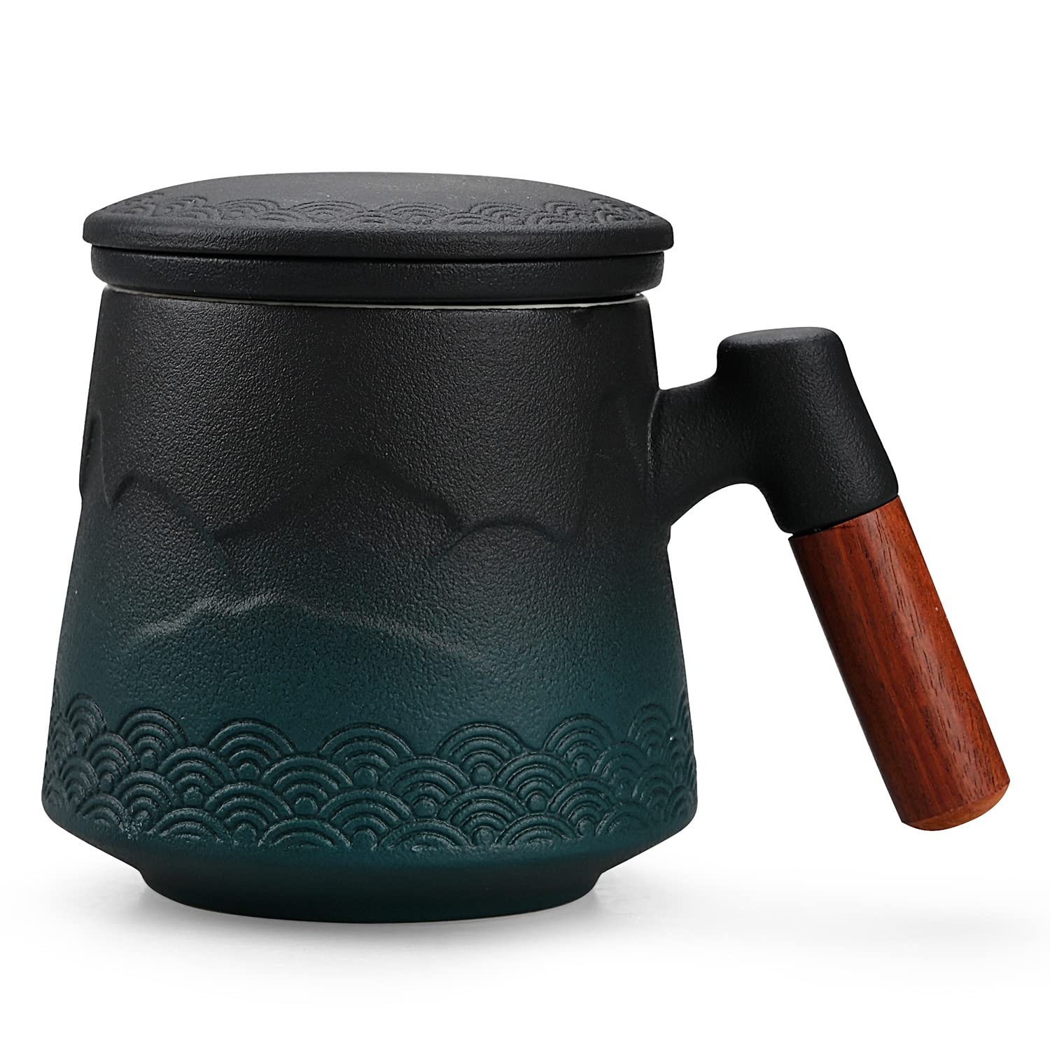 Tea Cup with Infuser and Lid, Gradual Wood Handle Ceramic Coffee Mug Green