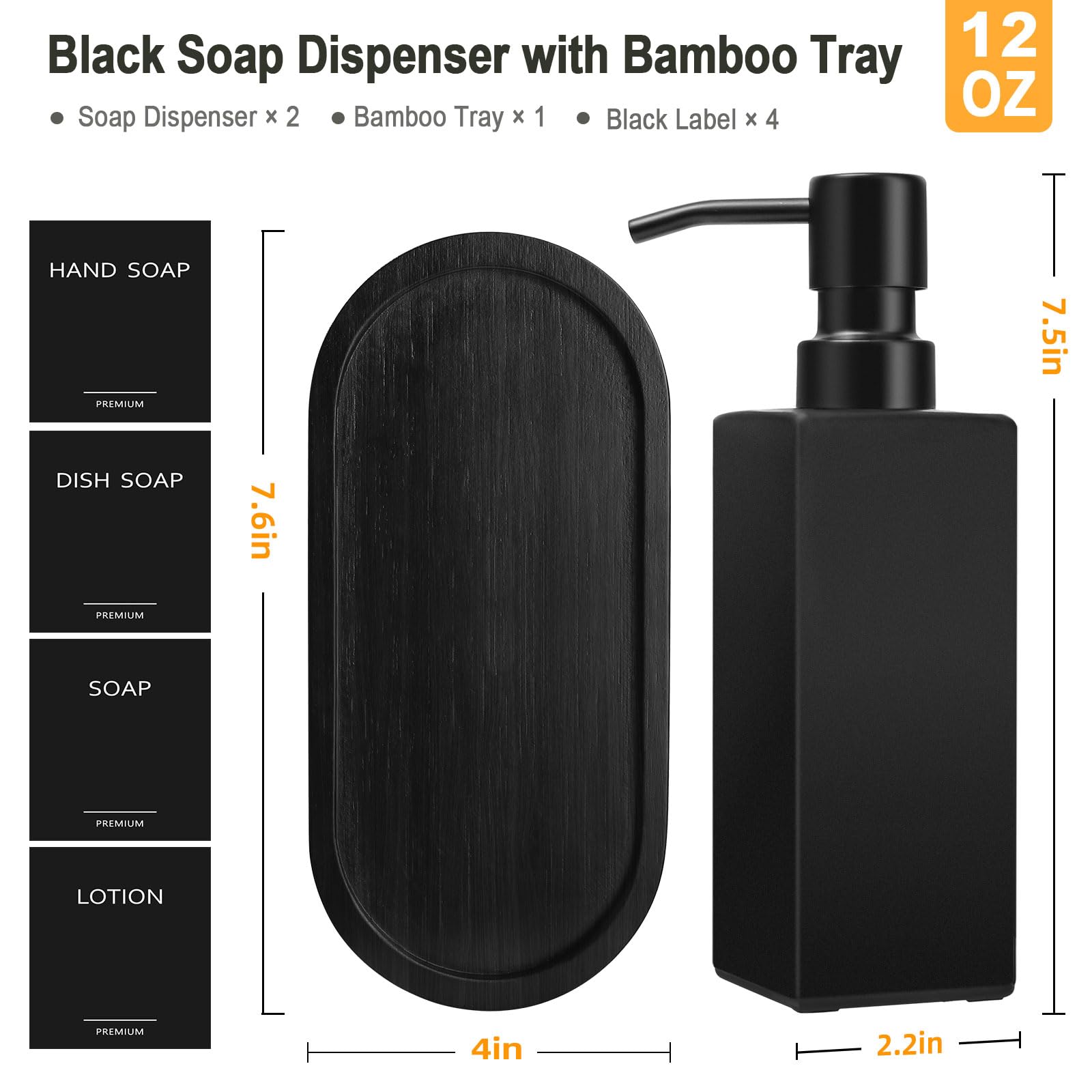 Gmisun Kitchen Soap Dispenser Set, Hand And Dish Soap Dispenser Set, Black Soap Dispenser With Tray, Dish Soap Dispenser For Kit