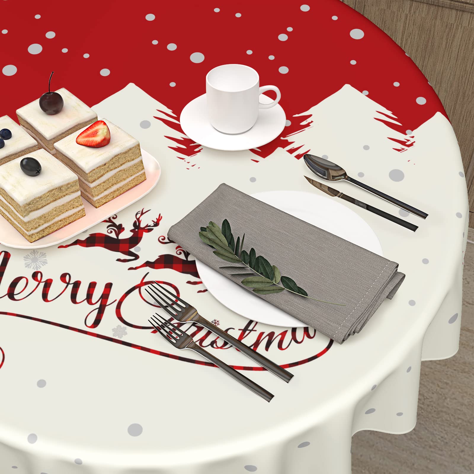 Kawani Merry Christmas Round Tablecloth In Red And Beige 60 Inch Festivals Decor With Santa Claus And Elks Pattern Decorative Ta