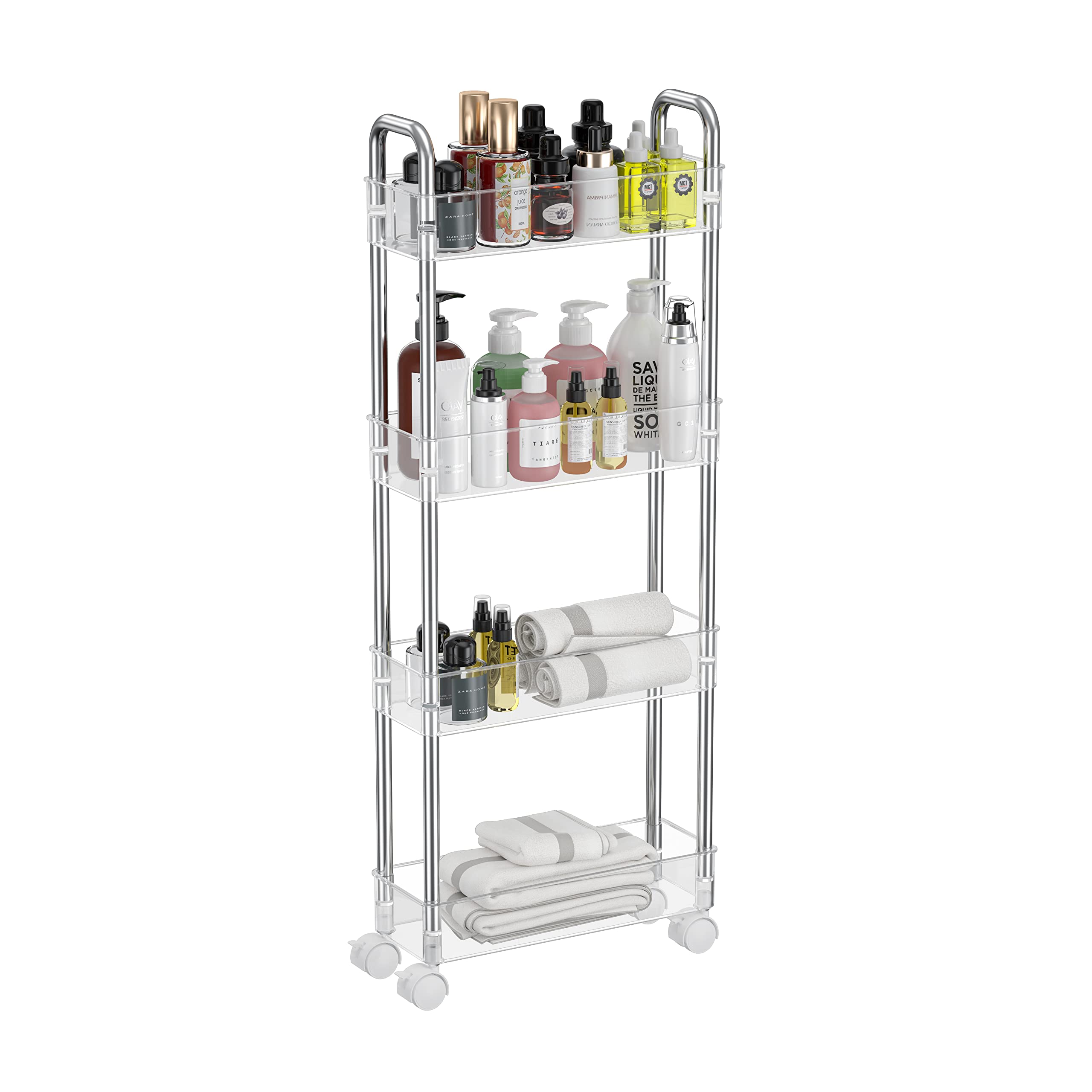 Tesoin Under Sink Organizers And Storage,4 Tier Clear Movable Slim Rolling Storage Cart Bathroom Organizer Under Cabinet Storage