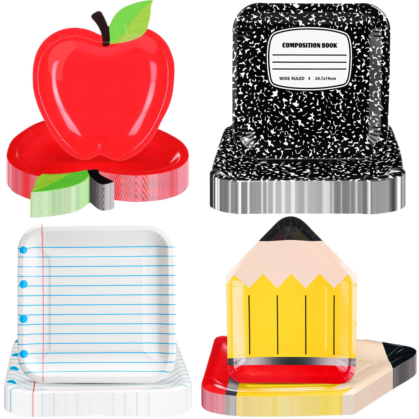 AmazingSpark 100 Pcs Back to School Paper Plates Red Apple Notebook Pencil Composition Book Paper Plates First Day of School Par