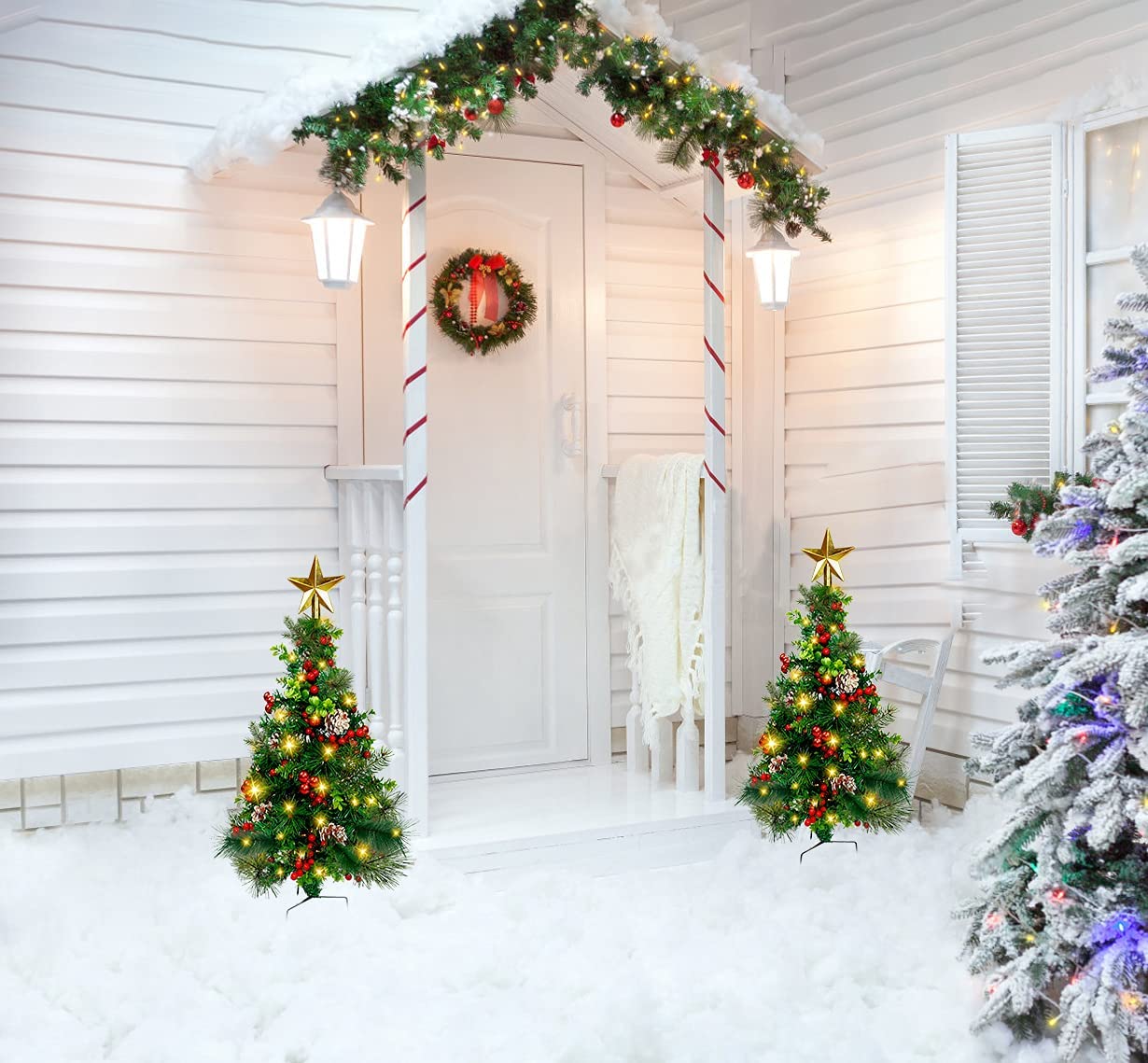 2 Pack 2.7FT Outdoor Christmas Trees,Pre-Lit Christmas Decoration Pathway Artificial Xmas Trees,Battery Operated Urn Filler Entr