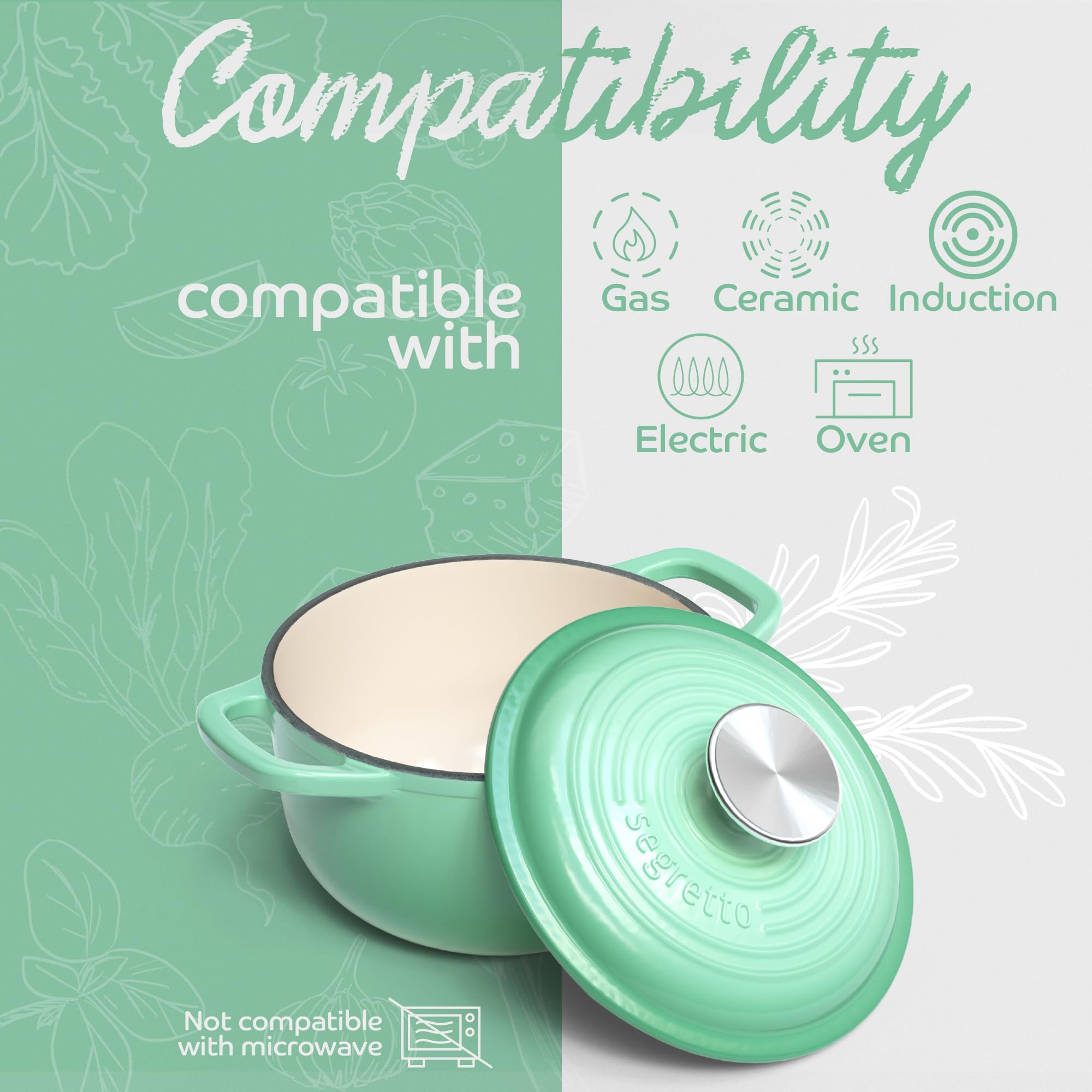 Segretto Cookware Enamel Dutch Oven Cast Iron With Handle Verde Chiaro (Light Green) 1.7 Quarts Enameled Cast Iron Dutch Oven Wi