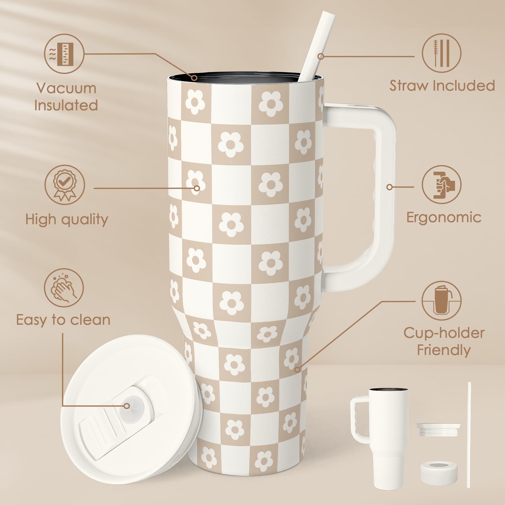 Checker Tumbler with Handle and Straw 40oz - Stainless Sleel Slider Tumbler Travel Coffee Mug for Women - Gift Idea for Birthday