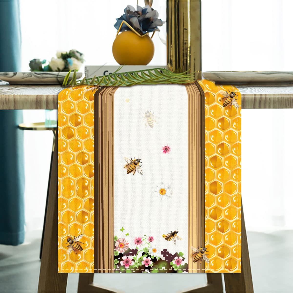 Linen Watercolor Floral Daisy Bee Table Runner 72 Inches Long Farmhouse Spring Summer Autumn Fall Home Kitchen Dinging Room Tabl