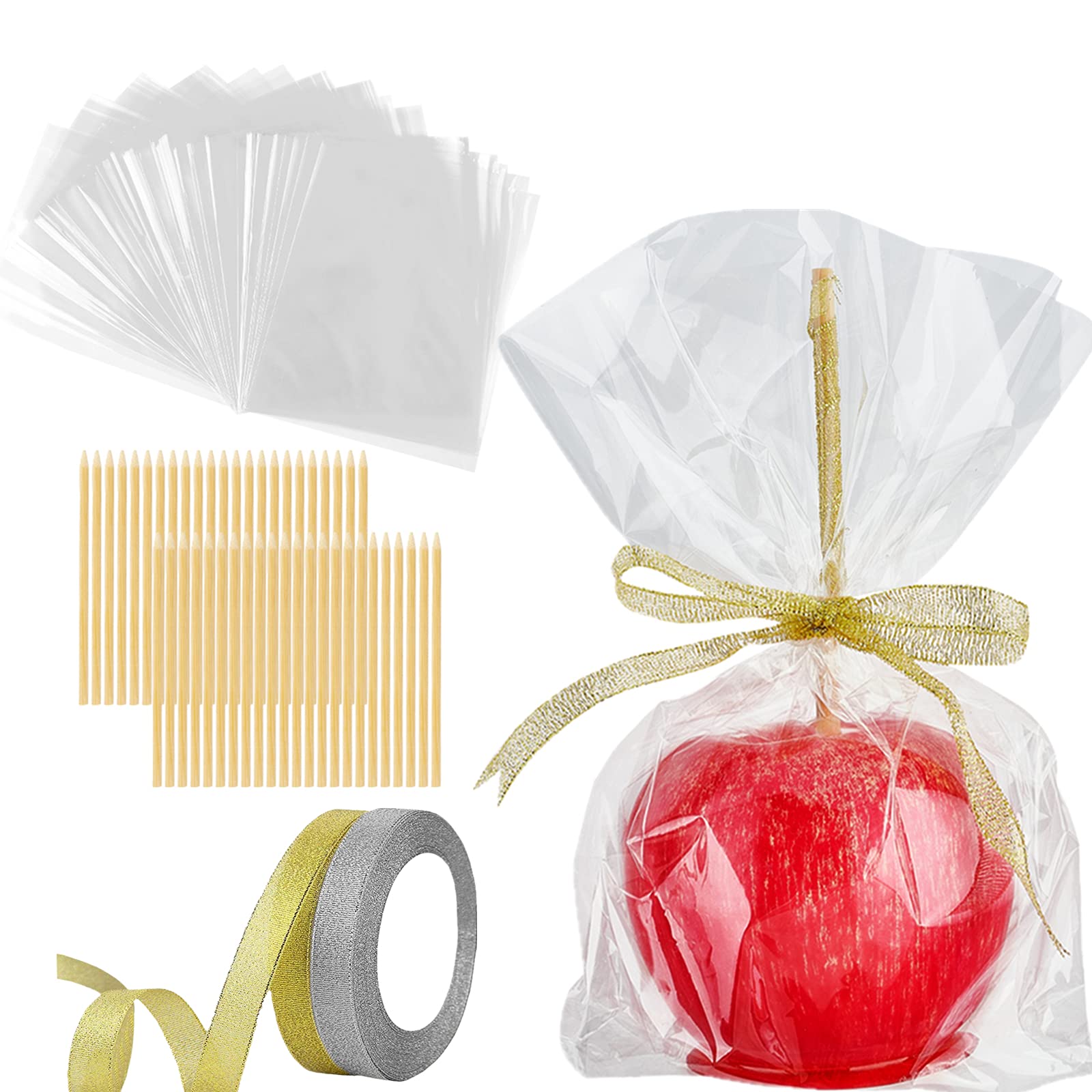 Ocmoiy Diy Candy Apple Kits - 100 Pcs Candy Apple Sticks And Bags With 50 Yard Gold And Silver Glitter Ribbons For Large Caramel