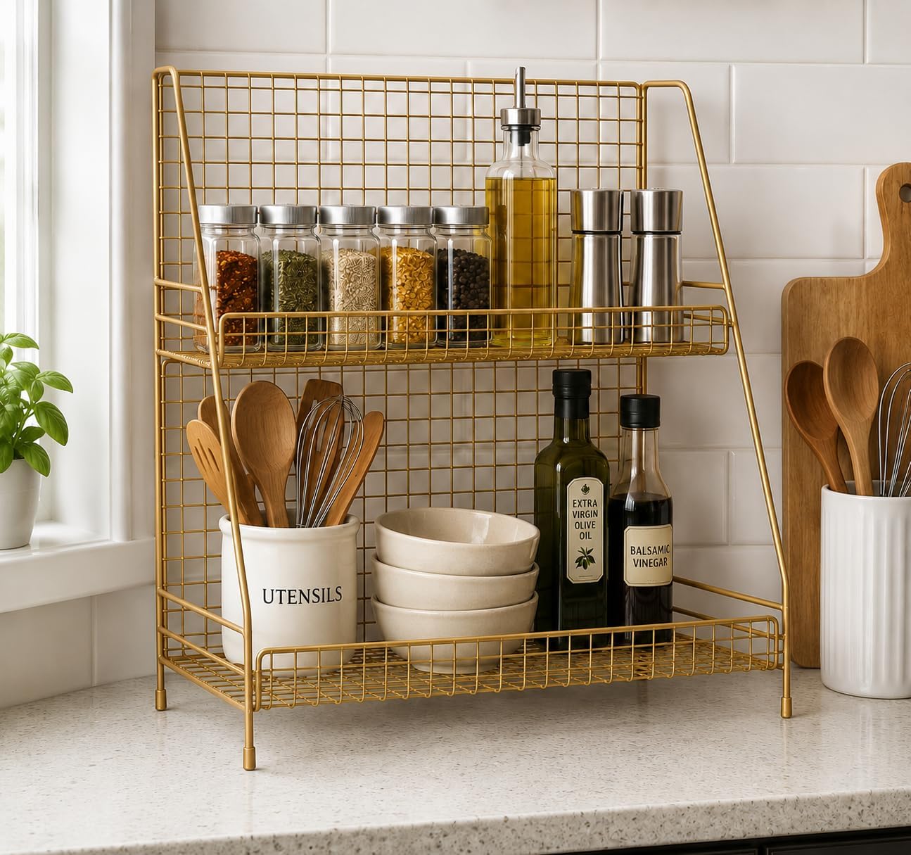 15 West 62490 Space Saving Golden 2Tier Organizer Rack, Wire Basket Storage Container Countertop Shelf For Kitchenware Bathroom