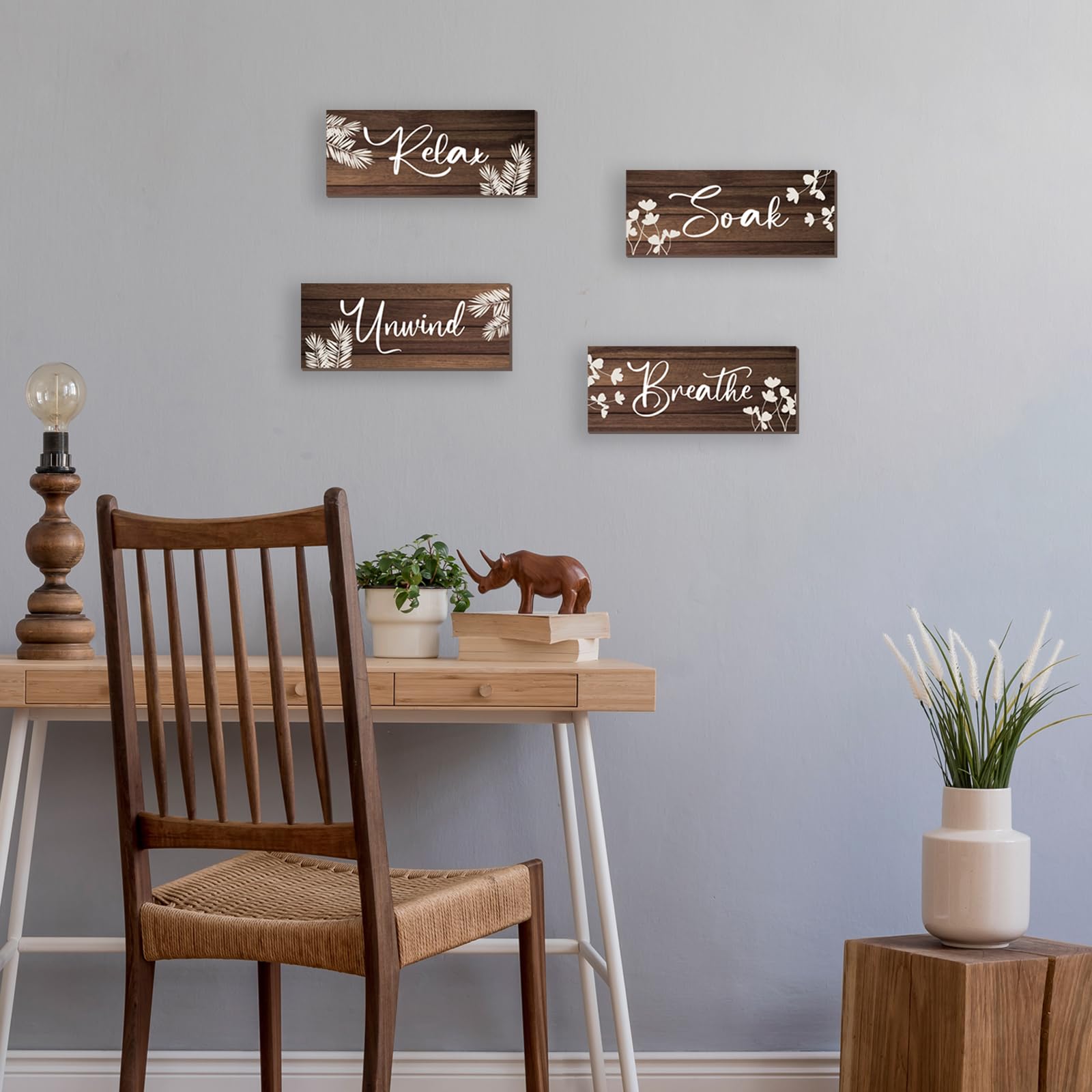ONIZHITY 4 Pieces Large Brown Bathroom Decor Farmhouse Bathroom Accessories Rustic Relax Soak Unwind Breathe Wooden Signs with V