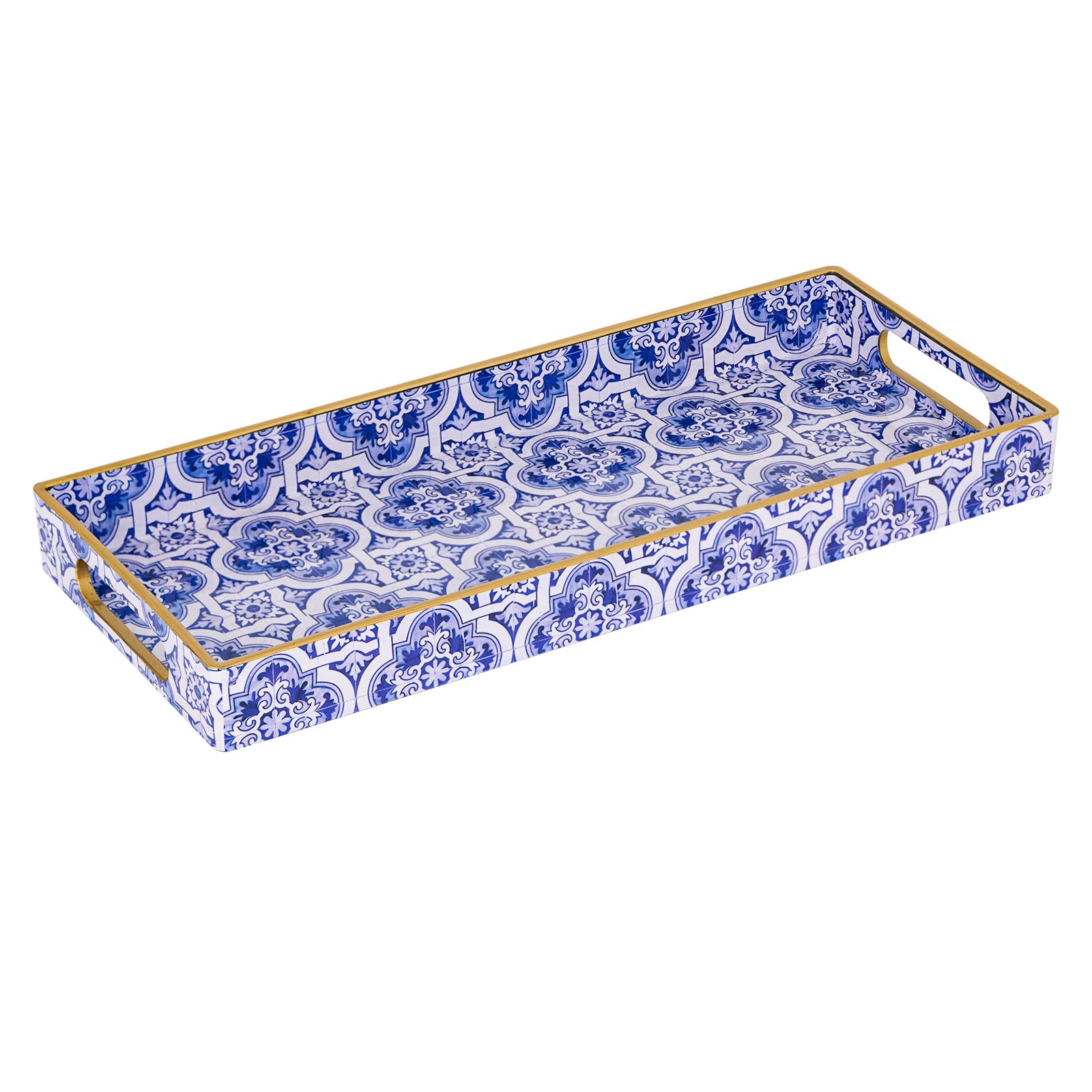 Maoname Blue Decorative Tray, Plastic Vanity Tray With Handles, Rectangular Moroccan Tray, Long Narrow Tray For Bathroom, 13.8''