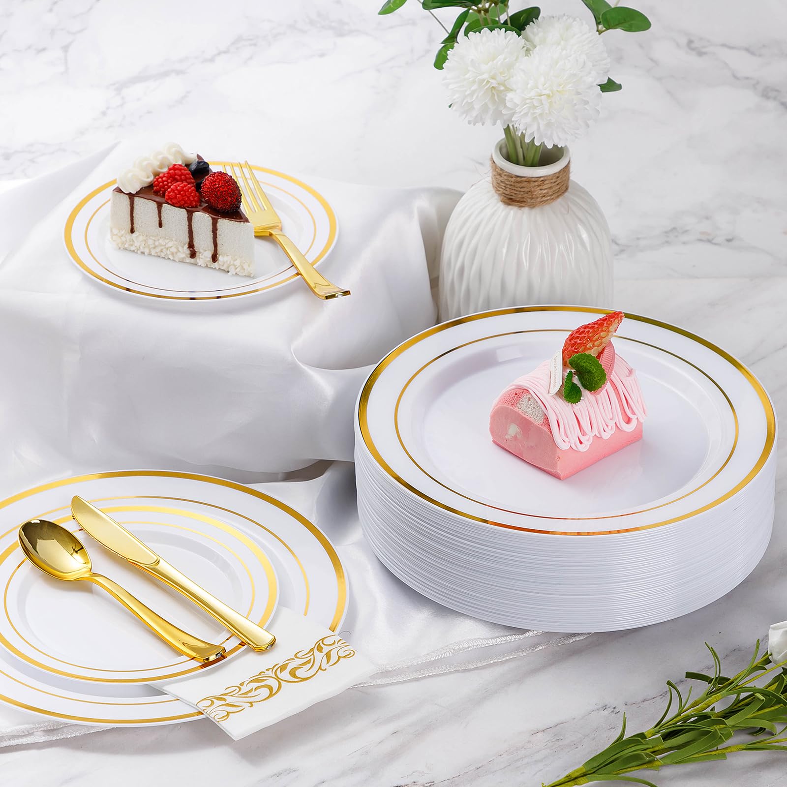 175 Piece Gold Dinnerware Set for 25 Guests  Plastic Plates Disposable for Party  Include: 25 Gold Rim Dinner Plates  25 Dessert Plates  25 Paper Napkins  25 Cups  25 Gold Plastic Silverware Set