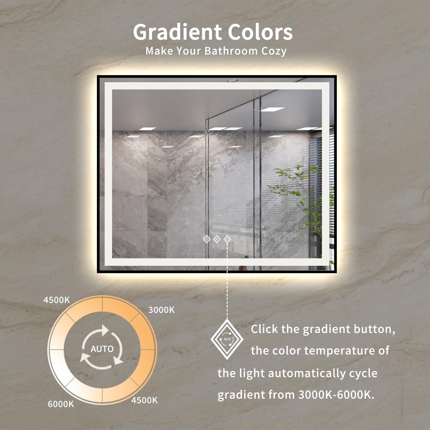 Vanpokins Bathroom Mirror Frame, 48X40 Inch Black Framed Gradient Front And Backlit Led Bathroom Mirror, 3 Colors Dimmable Cri>9