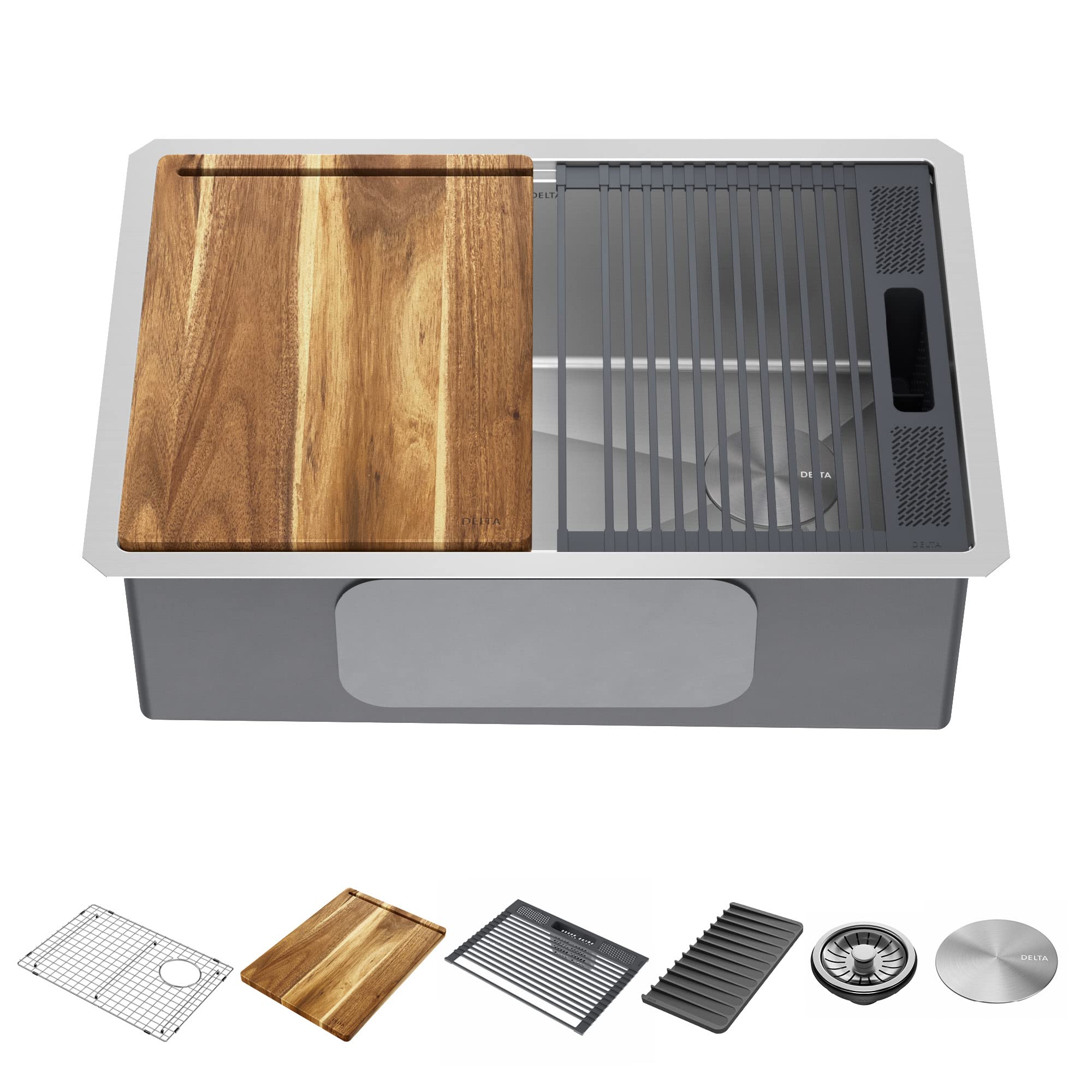 DELTA FAUCET 95B932-27S-SS Lorelai Workstation Kitchen Sink Undermount Stainless Steel Single Bowl with WorkFlow Ledge and Chefs