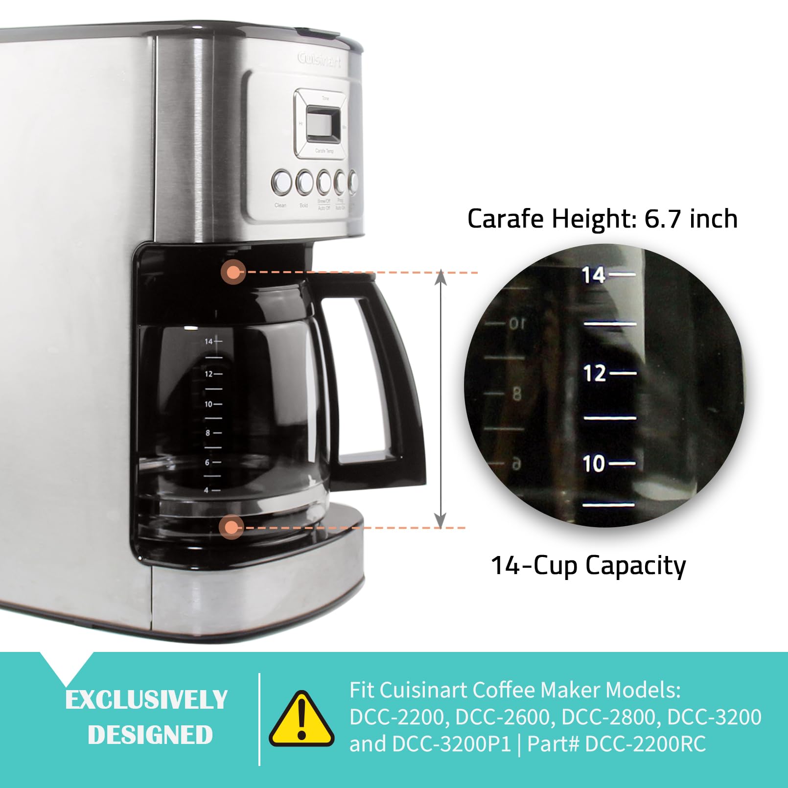 14-Cup Glass Replacement Coffee Carafe Compatible With Cuisinart Coffee Maker Models Dcc-2200, Dcc-2600, Dcc-2800, Dcc-3200, And