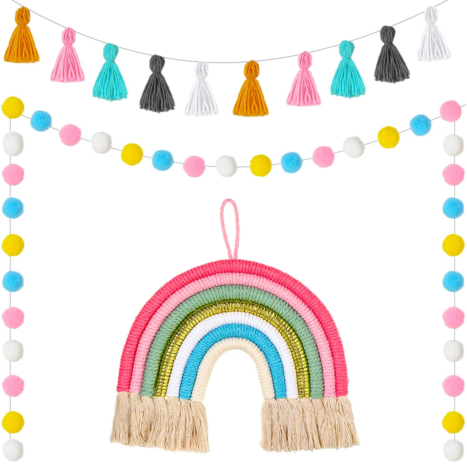 Boao 3 Pcs Pom Pom Garland Boho Rainbow Macrame Wall Hanging Rainbow Tassel Banner Garland Cotton Ball Decor for Home Party Show
