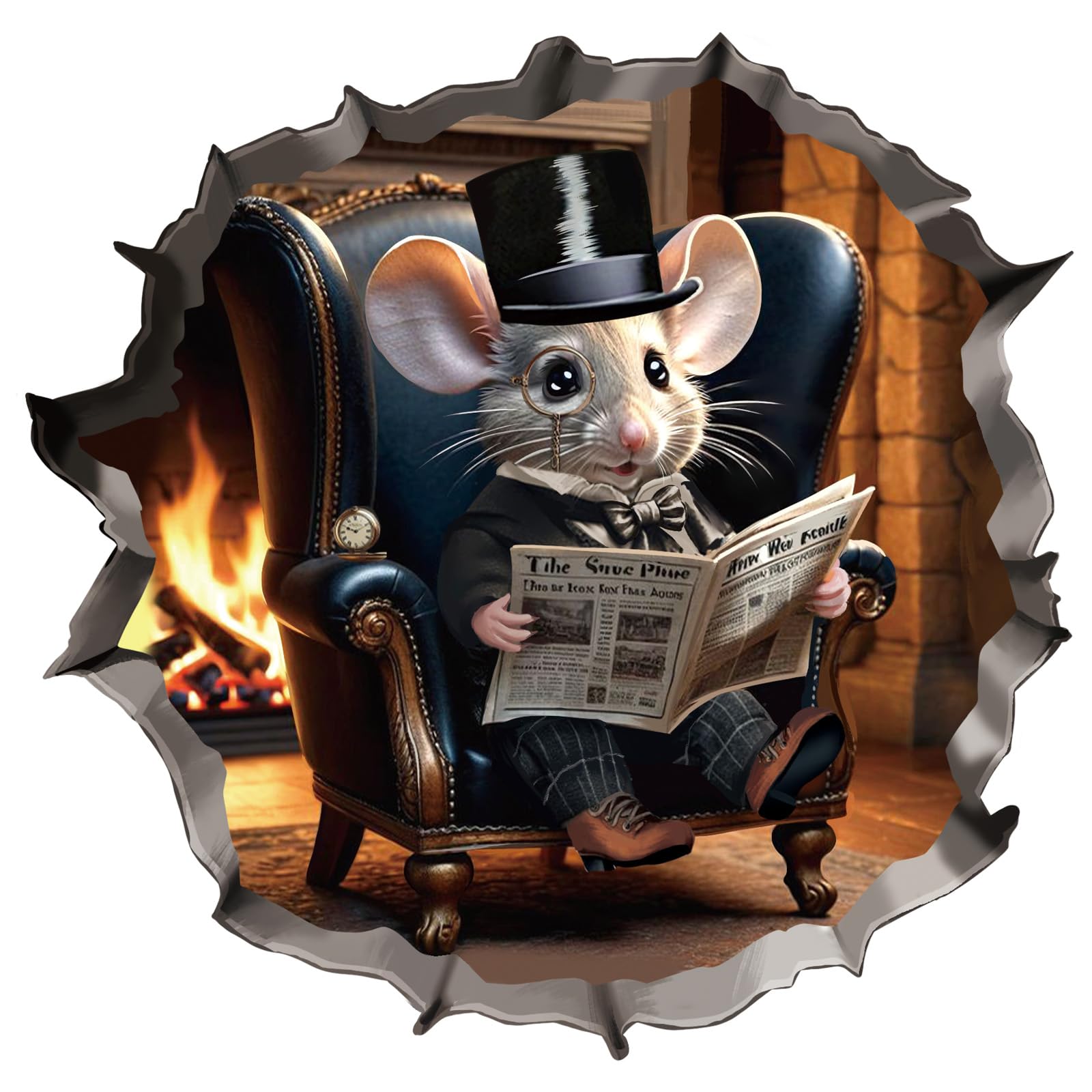 fufuquare 3D Cartoon Mouse Hole Wall Decals Peel and Stick, Gentleman Mice Read Newspaper Fun Animal Wall Stickers for Kids Room