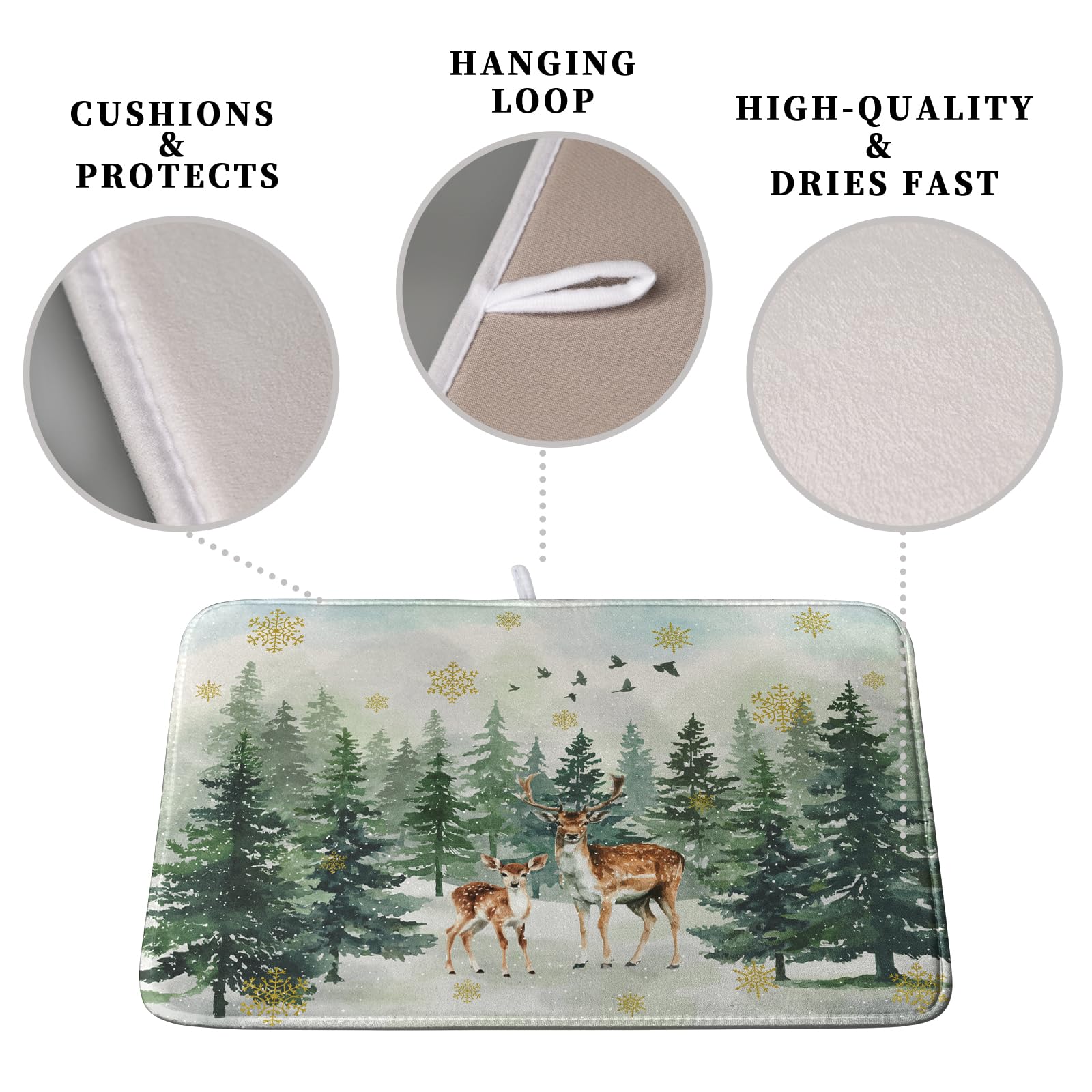 Kwlegh Reindeer Tree Snowflakes Christmas Dish Drying Mats for Kitchen Counter 18x24 Inch Winter Forest Dish Drainer Mats Absorb
