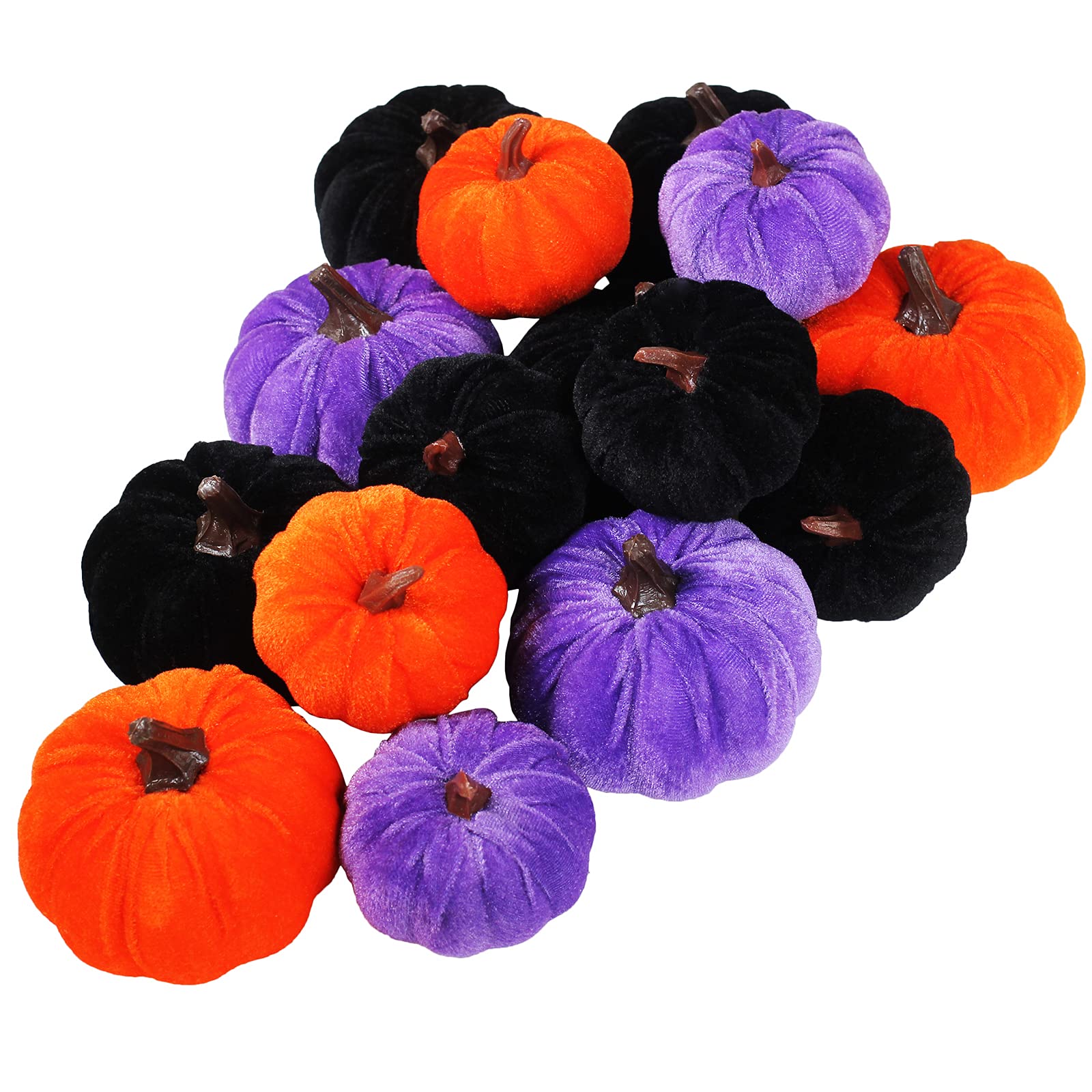 Set of 16 Assorted Faux Rustic Decorative Halloween Pumpkins Black Velvet Foam Pumpkins in Orange Purple Black for Farmhouse Fal