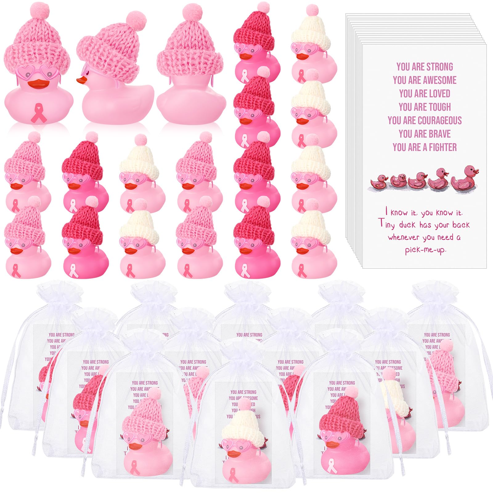 Deekin 30 Sets Pink Ribbon Rubber Duck Breast Cancer Month Gifts Mini Rubber Ducks with Glasses Hat with Card Organza Bags Bulk 