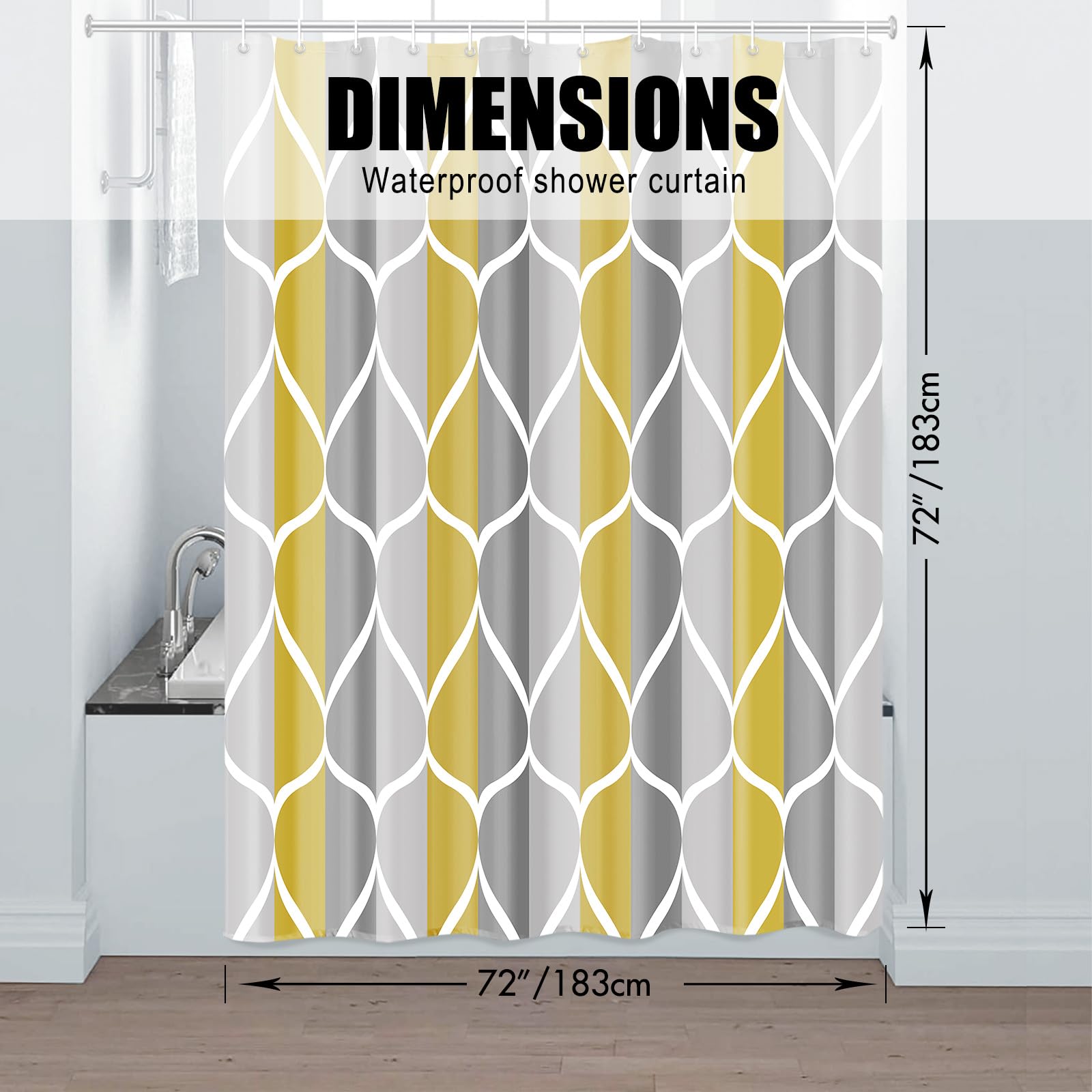 Gelbchu Gray Yellow Shower Curtain W 72 X H 72, Waterproof Design And Polyester, Quick-Drying, Weighted Hem, Shower Curtains Set