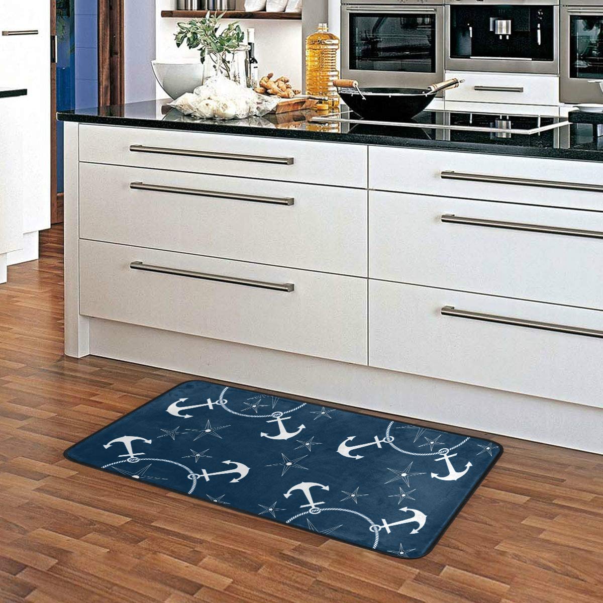 Kitchen Rugs Retro Nautical Anchors Navy Design Non-Slip Soft Kitchen Mats Bath Rug Runner Doormats Carpet For Home Decor, 39''